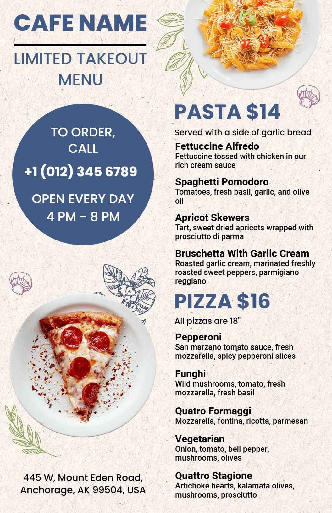 Delicious Pasta and Savory Pizza Selections Take-Out Menu Template