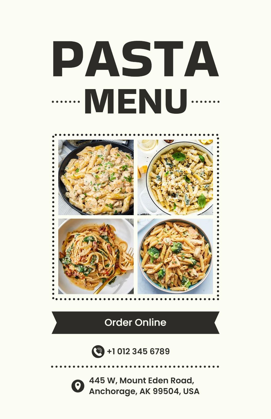 Delicious Pasta Creations with Savory Sauces Pasta Menu Template