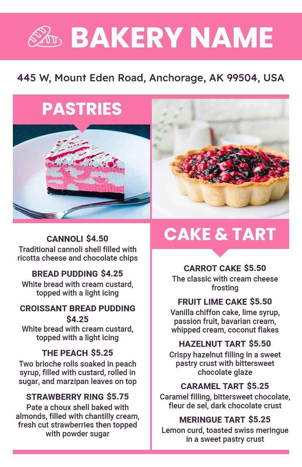 Delicious Pastries and Tarts Featuring Creamy Fillings Bakery Menu Template