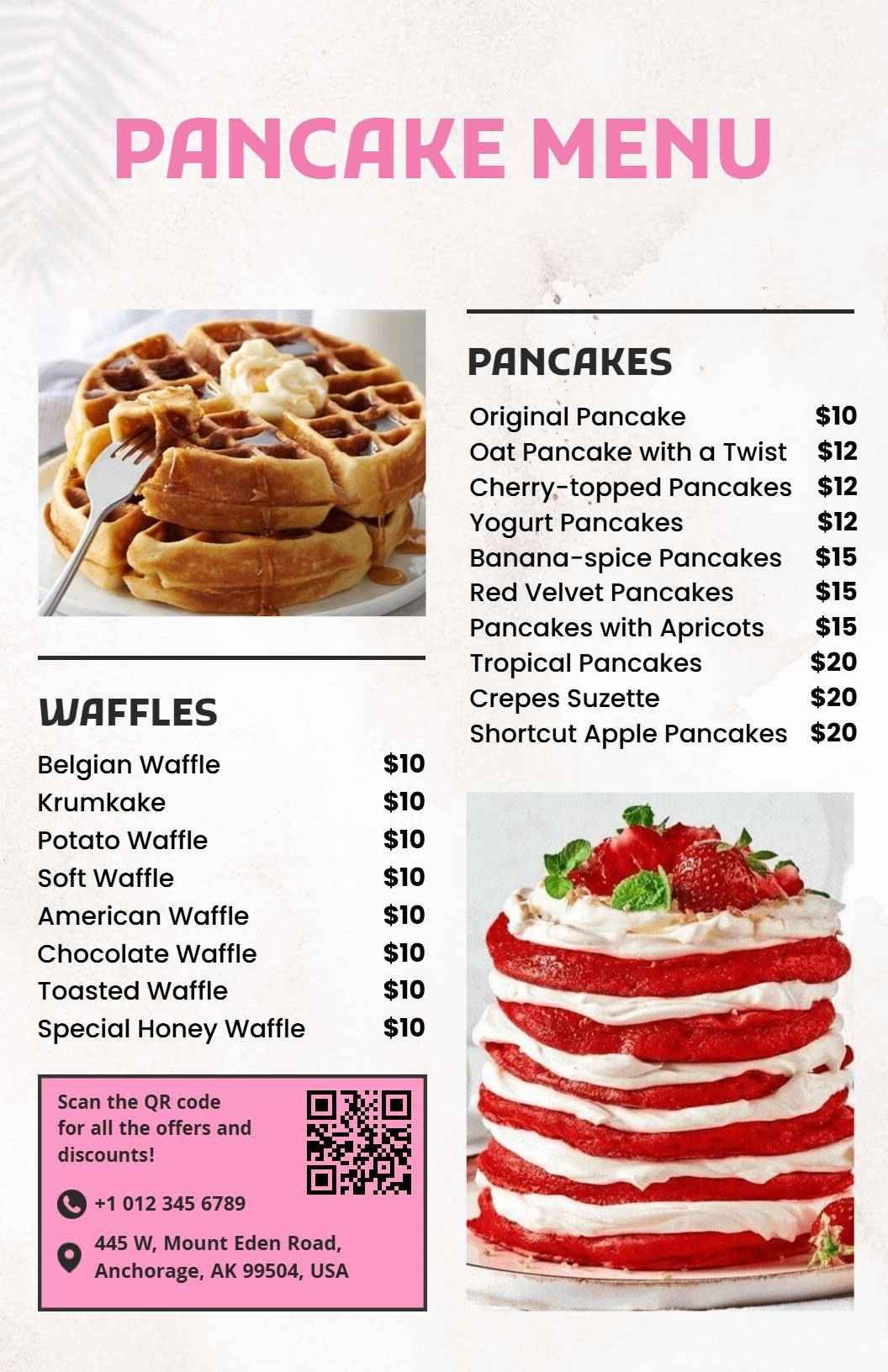 Delicious Pink Themed Pancake and Waffle Menu Template