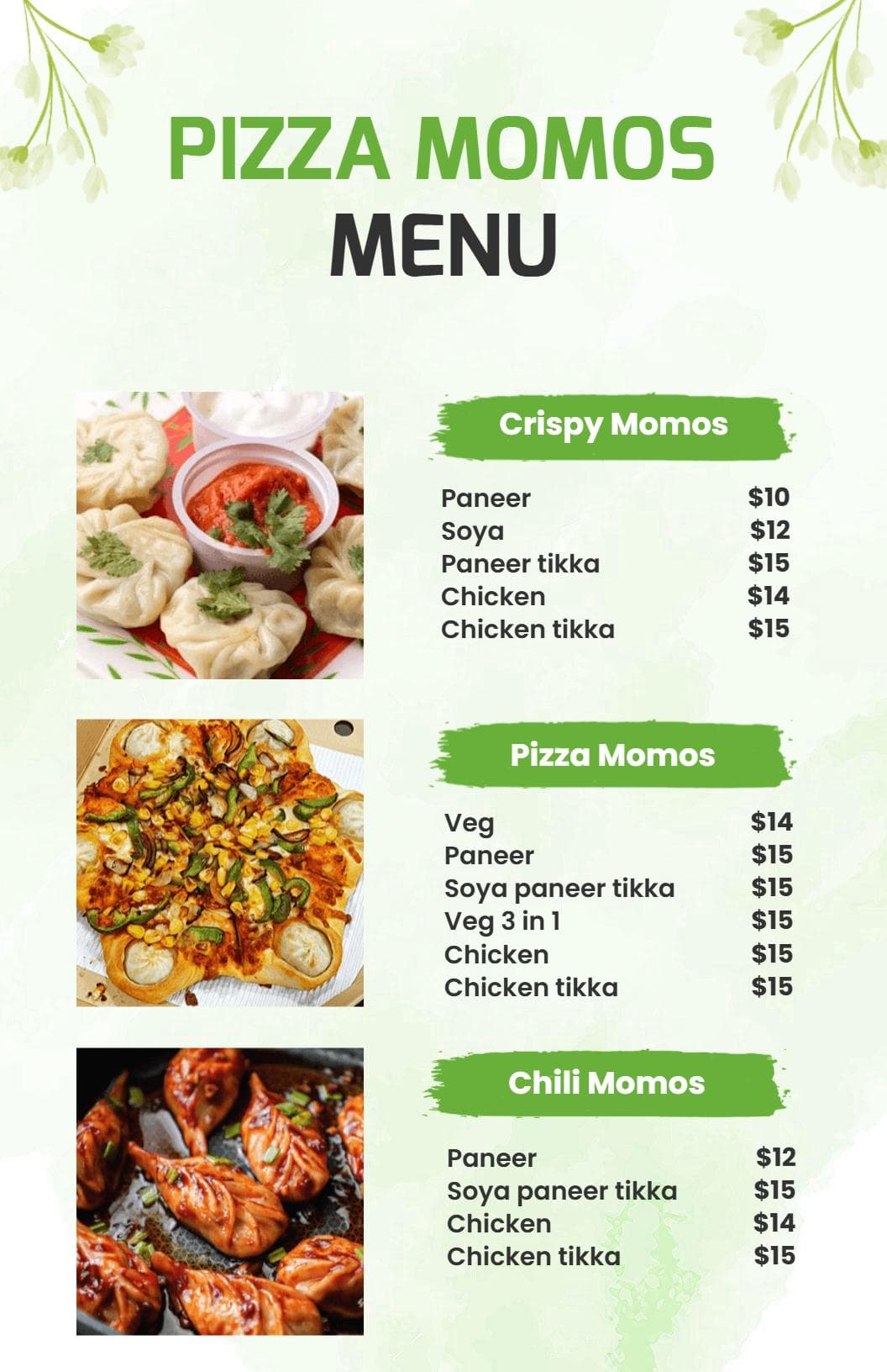 Delicious Pizza and Flavorful Momo Creations Pizza Menu Template