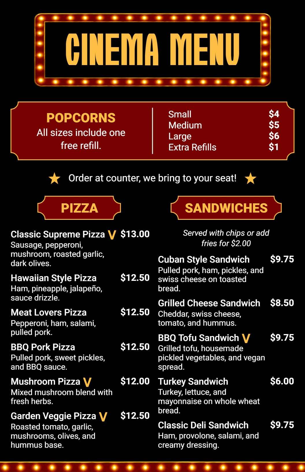 Delicious Pizza and Gourmet Hot Dogs with Refreshing Shakes Cinema Menu Template