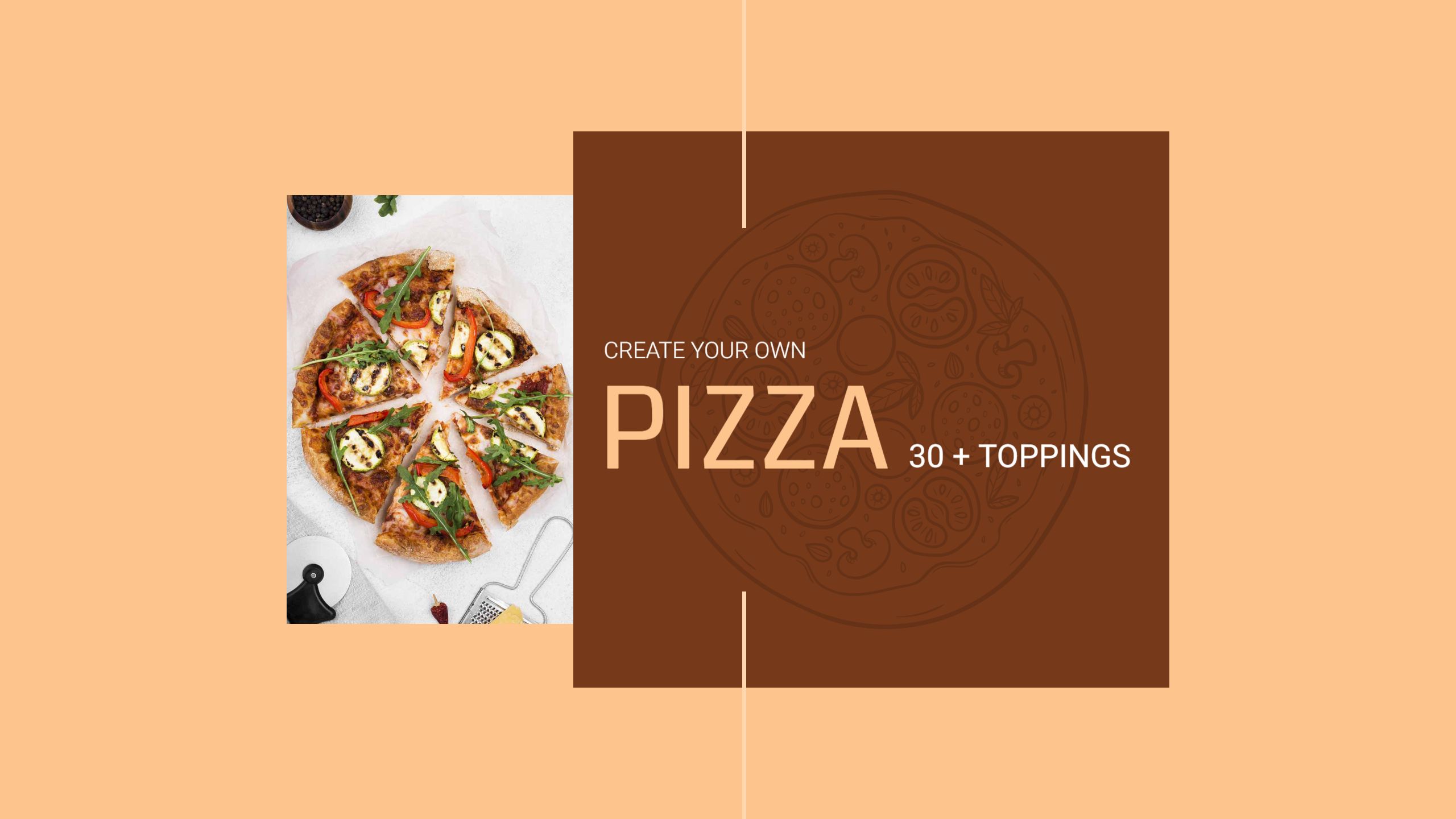 Delicious Pizza Creation with 30 Toppings on Brown Banner Template