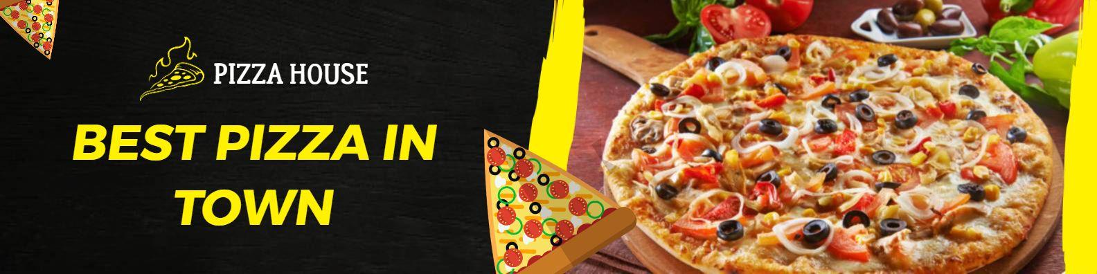 Delicious Pizza on a Black and Yellow Background Food Banner Template