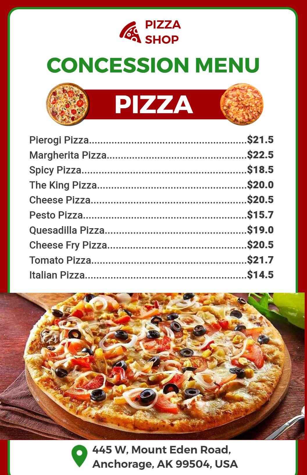 Delicious Pizza Selections with Flavorful Varieties Concession Menu Template
