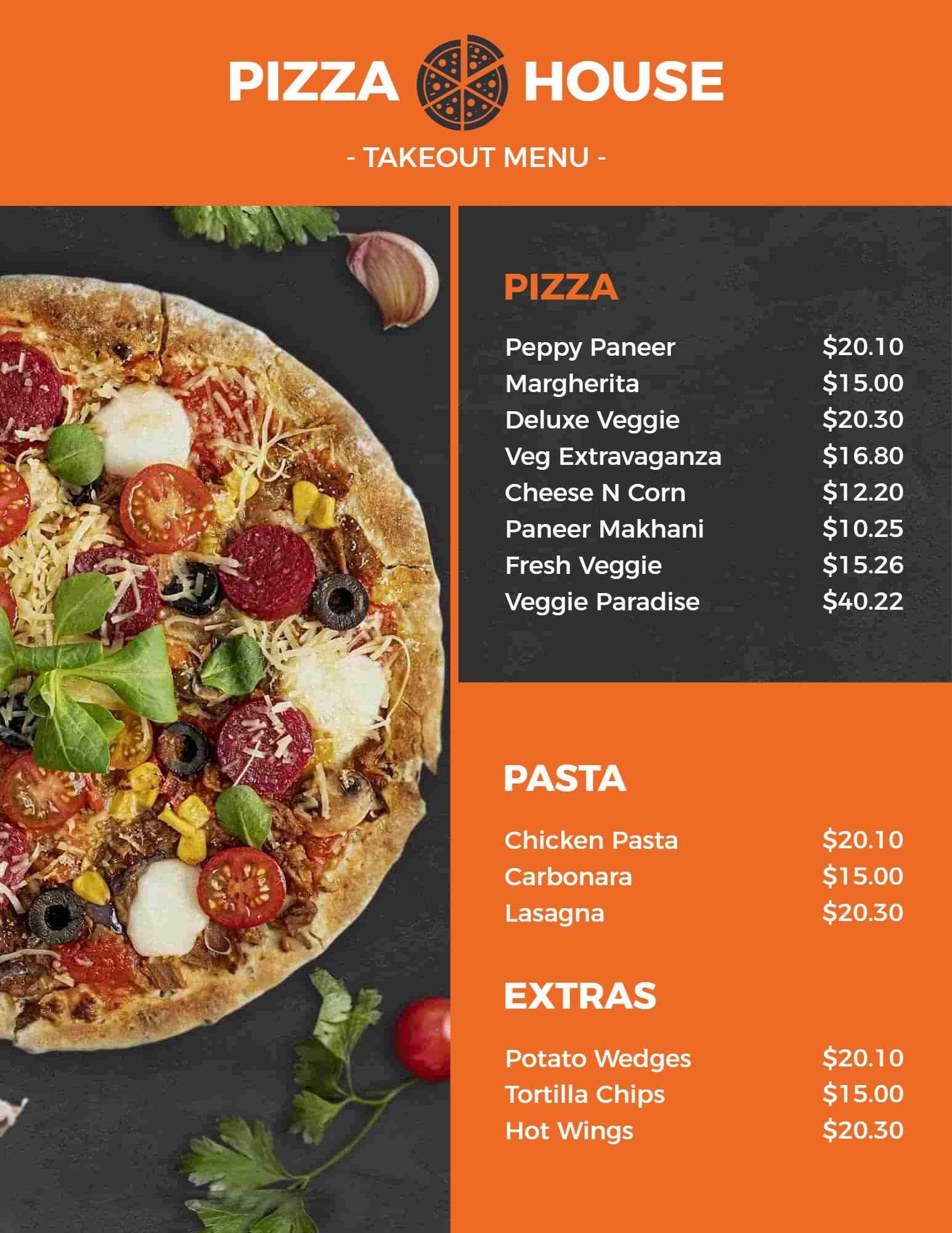 Delicious Pizzas and Pastas with Tasty Extras Take-Out Menu Template