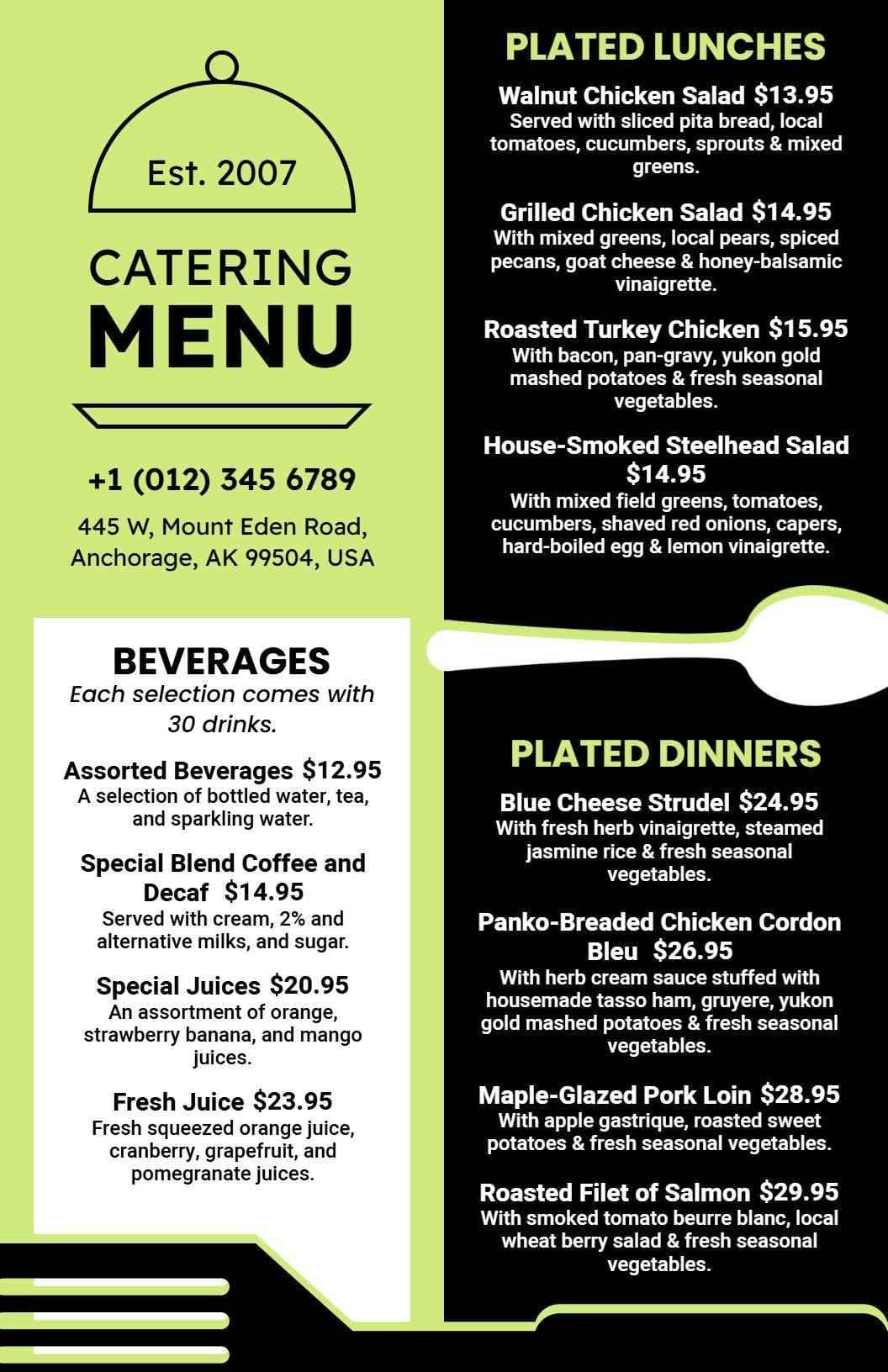 Delicious Plated Dishes and Beverage Offerings Catering Menu Template