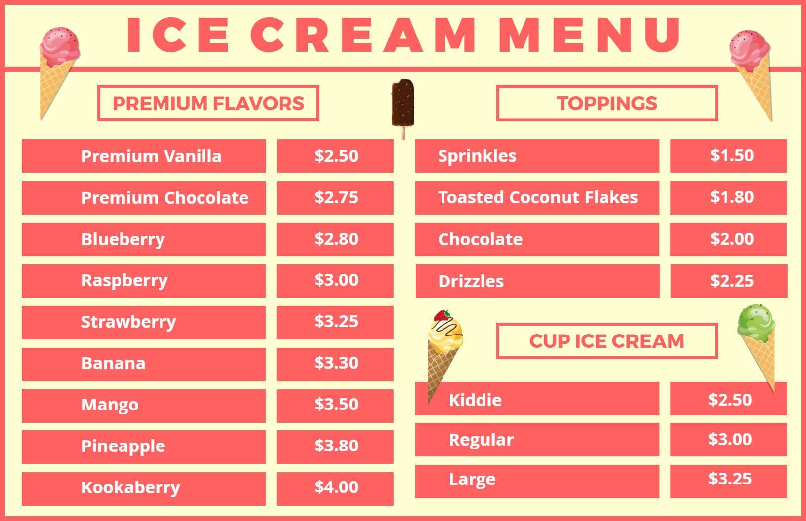 Delicious Premium Ice Cream Flavors and Toppings Selection Ice Cream Menu Template