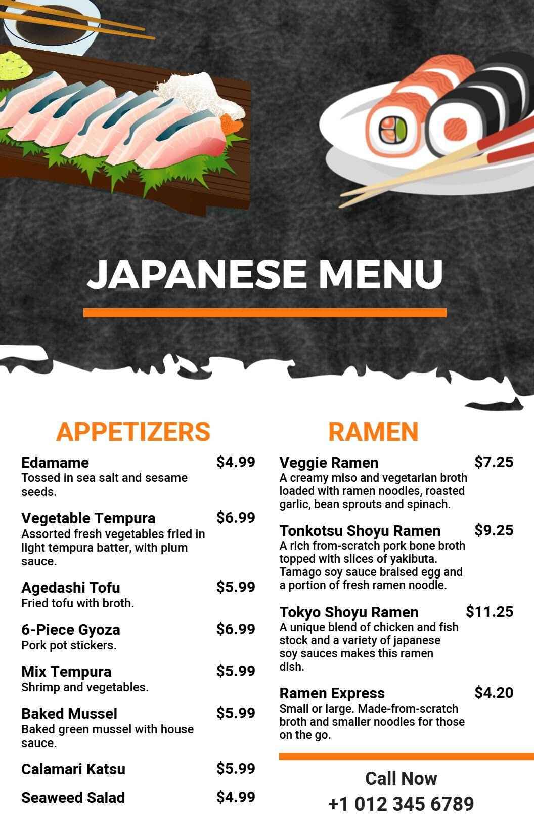 Delicious Ramen Dishes and Tasty Sushi Rolls Japanese Cuisine Menu Template