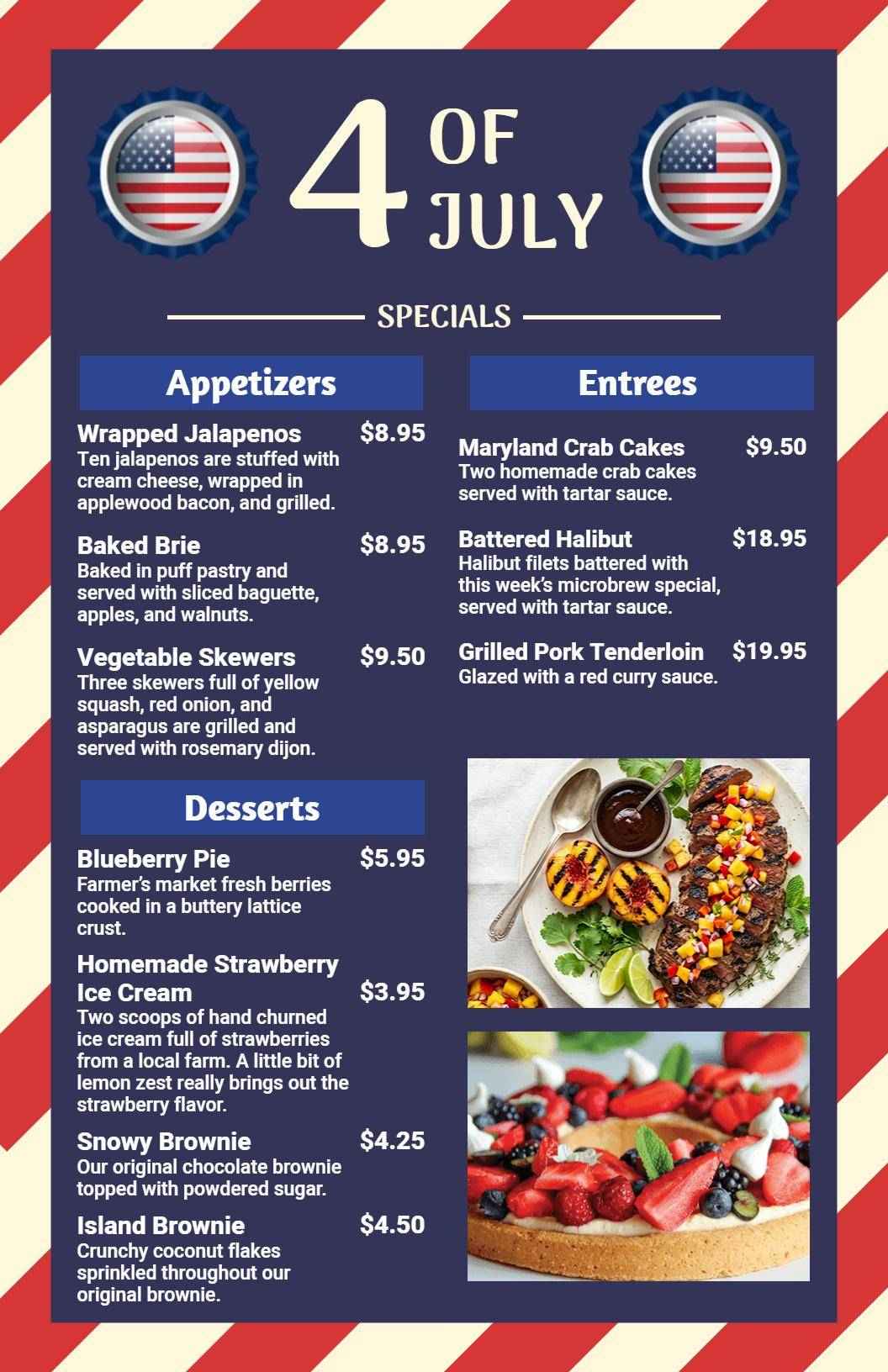 Delicious Red, White, and Blue Treats for 4th of July Menu Template