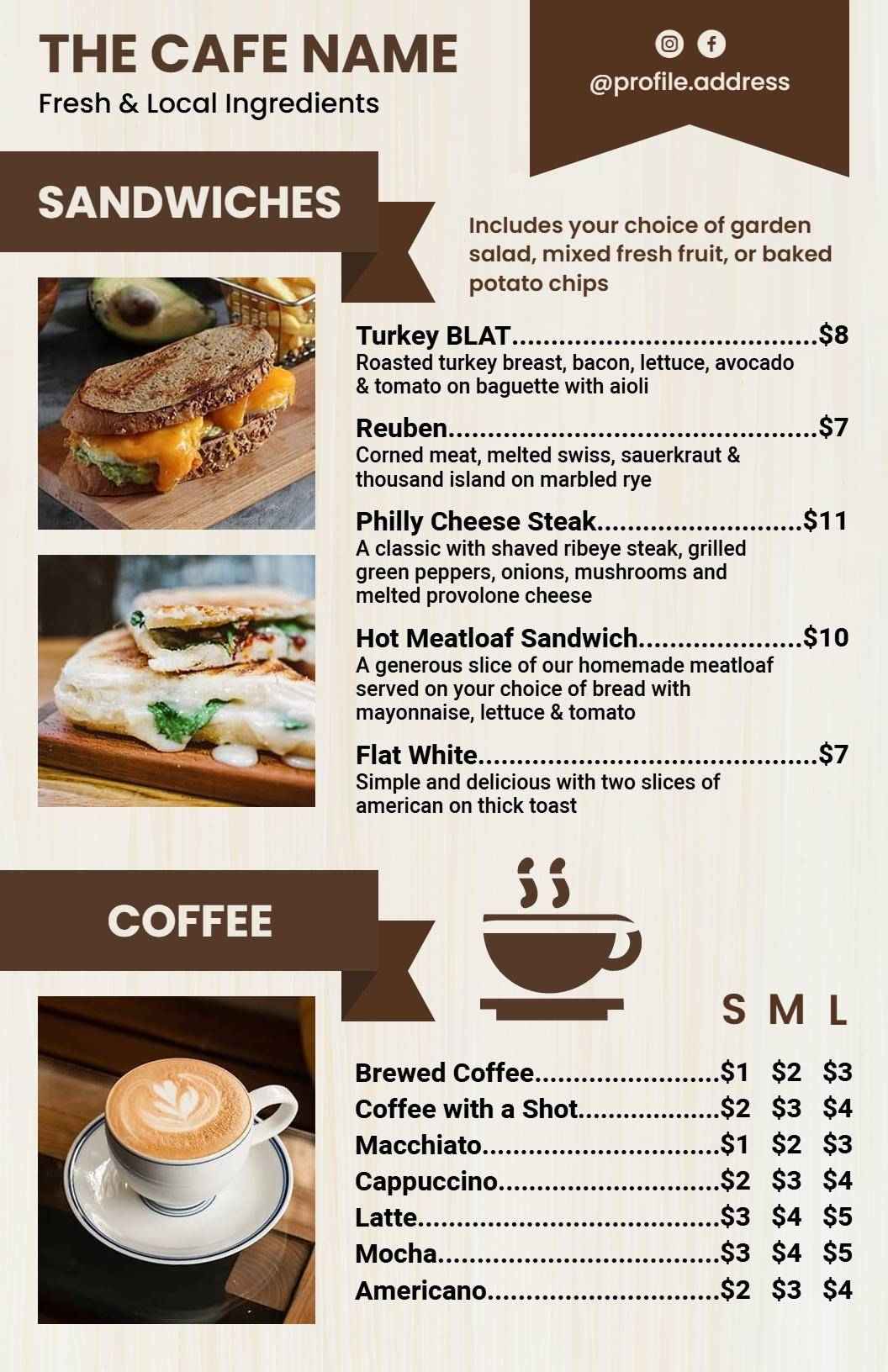 Delicious Sandwich Selections and Freshly Brewed Coffee Cafe Menu Template