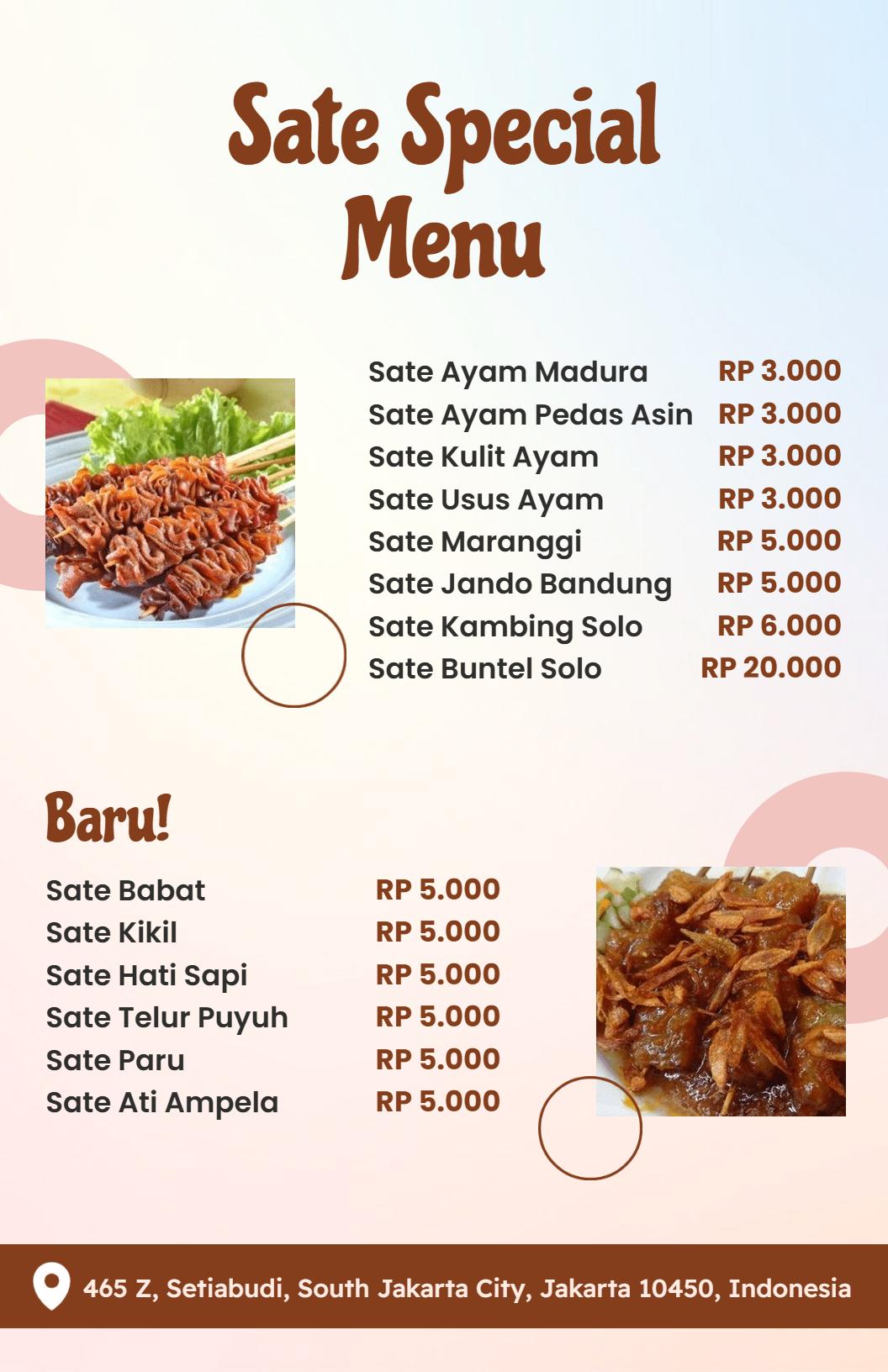 Delicious Sate Varieties Including Ayam and Maranggi Sate Menu Template