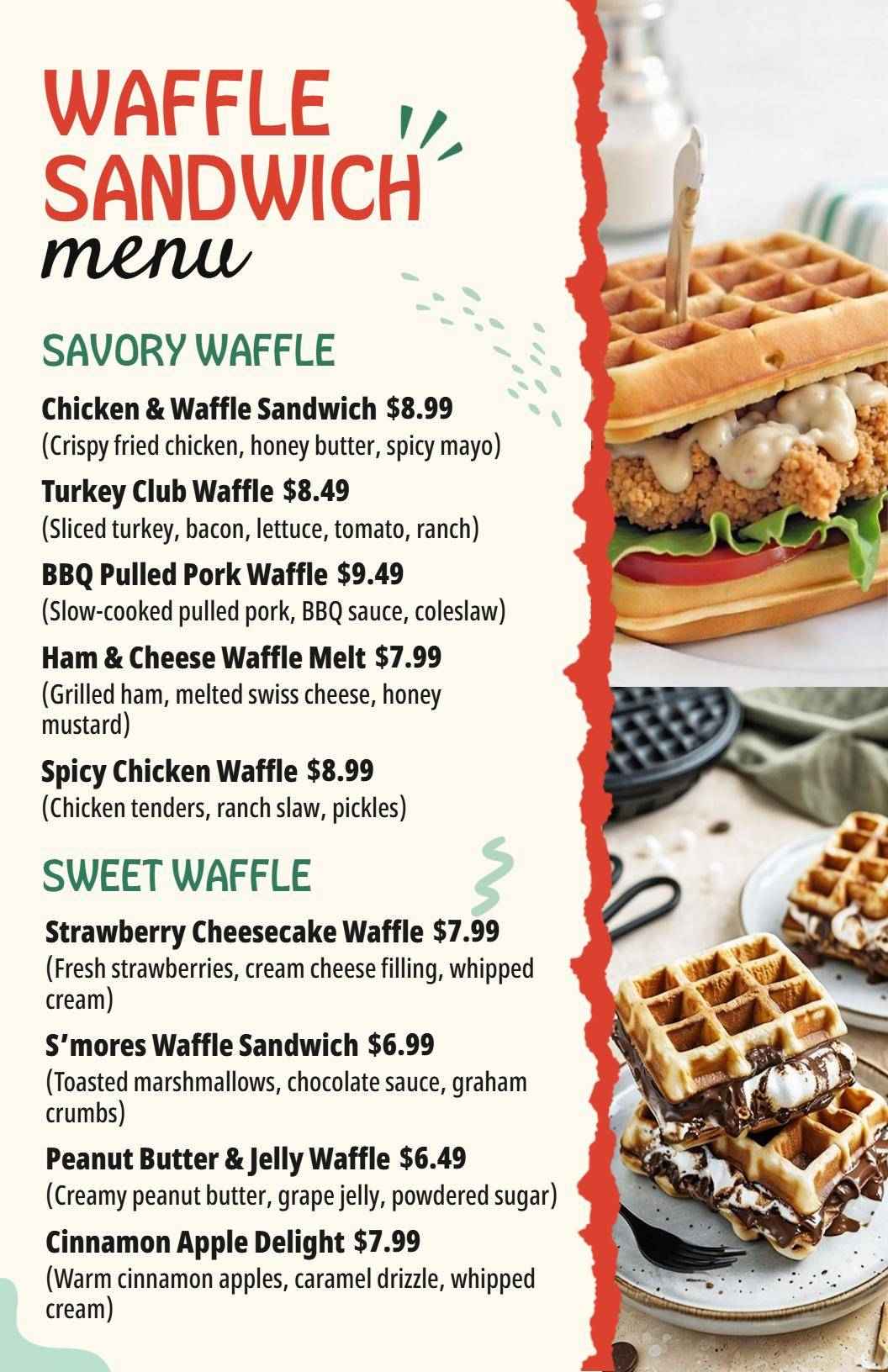 Delicious Savory and Sweet Options Featuring Waffle Sandwich Menu Template