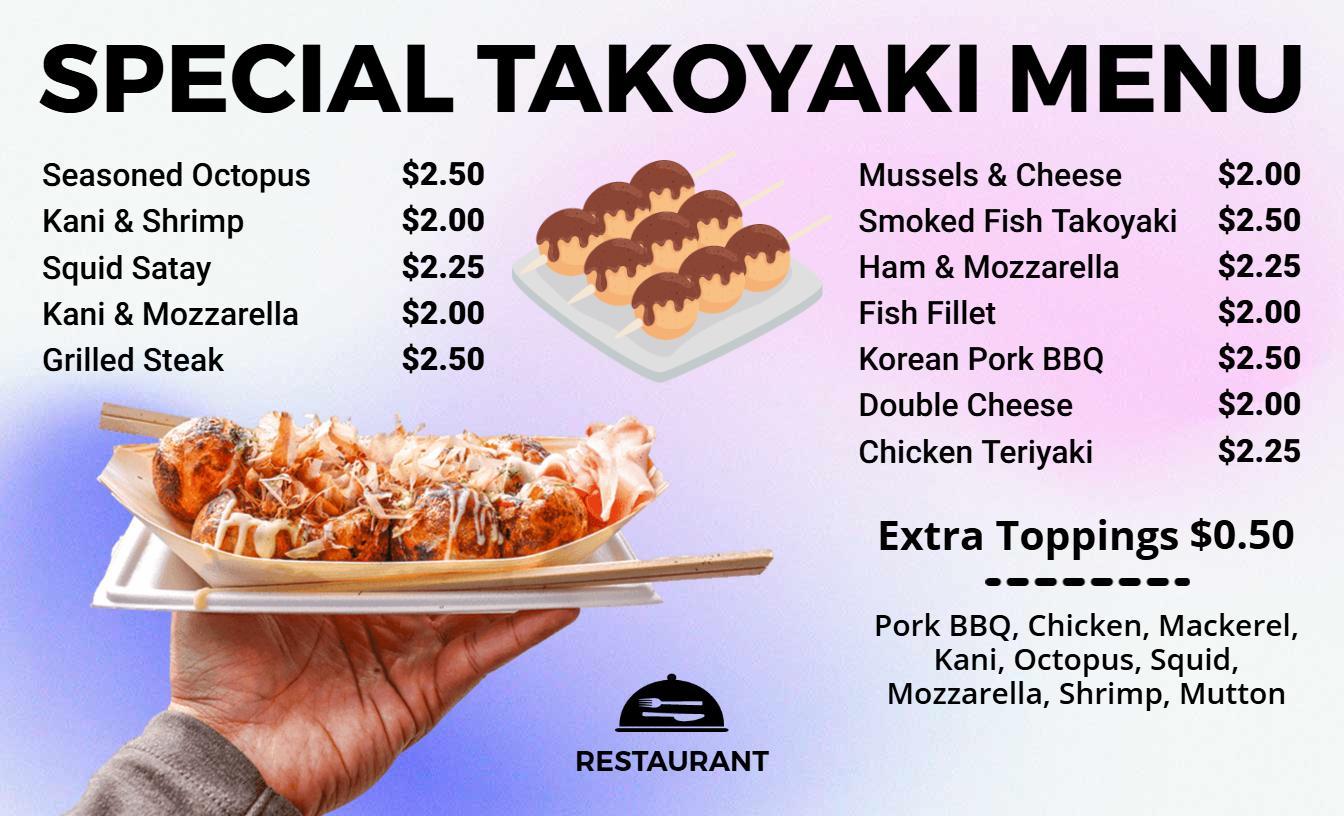 Delicious Seafood and Cheese Takoyaki Special Menu Template