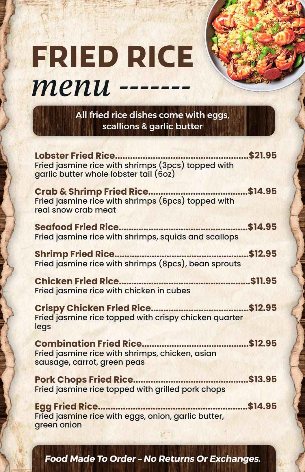 Delicious Seafood and Chicken Varieties with Fried Rice Menu Template