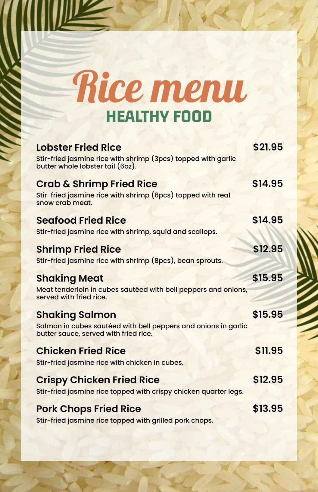 Delicious Seafood and Flavorful Fried Rice Options Rice Menu Template