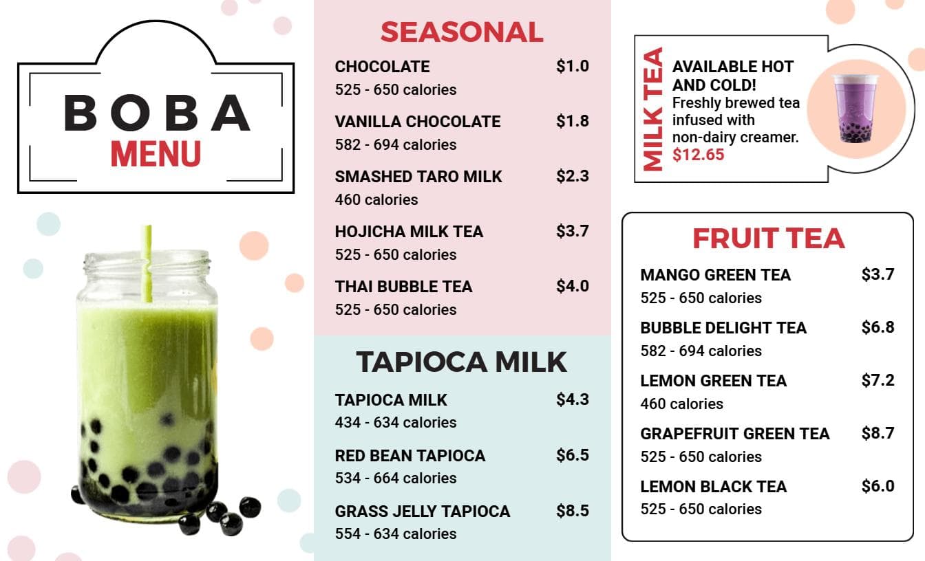 Delicious Seasonal and Classic Options for Boba Menu Template