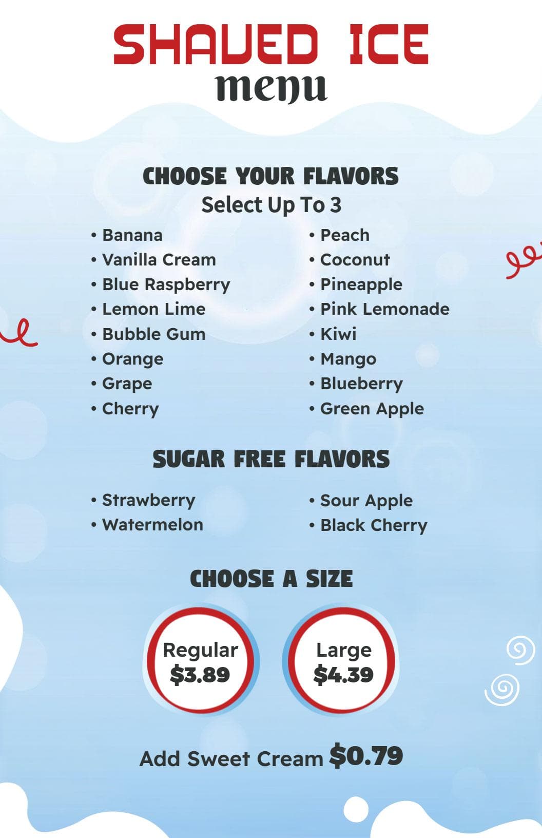 Delicious Shaved Ice Flavor Combinations with Sweet Toppings Dessert Menu Template