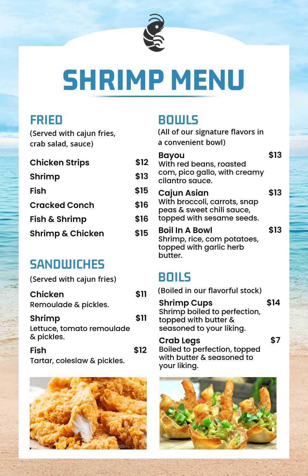 Delicious Shrimp Dishes with Flavorful Sides Seafood Menu Template