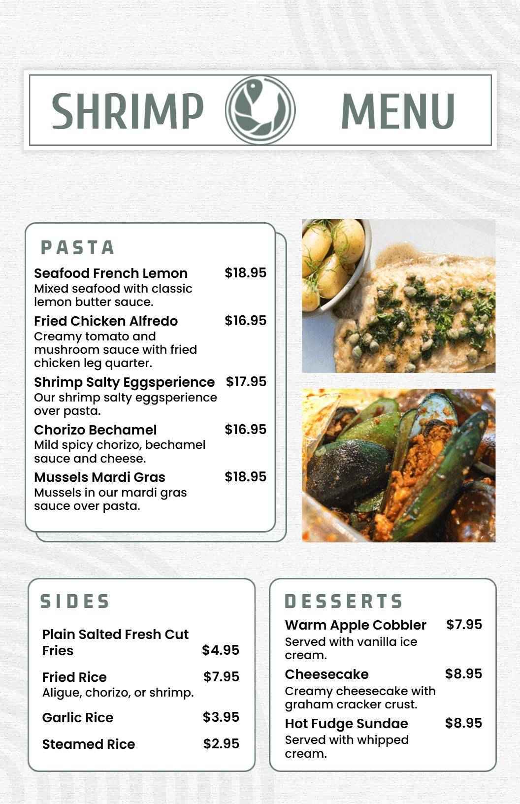 Delicious Shrimp Dishes with Rich Flavors and Sauces Seafood Menu Template