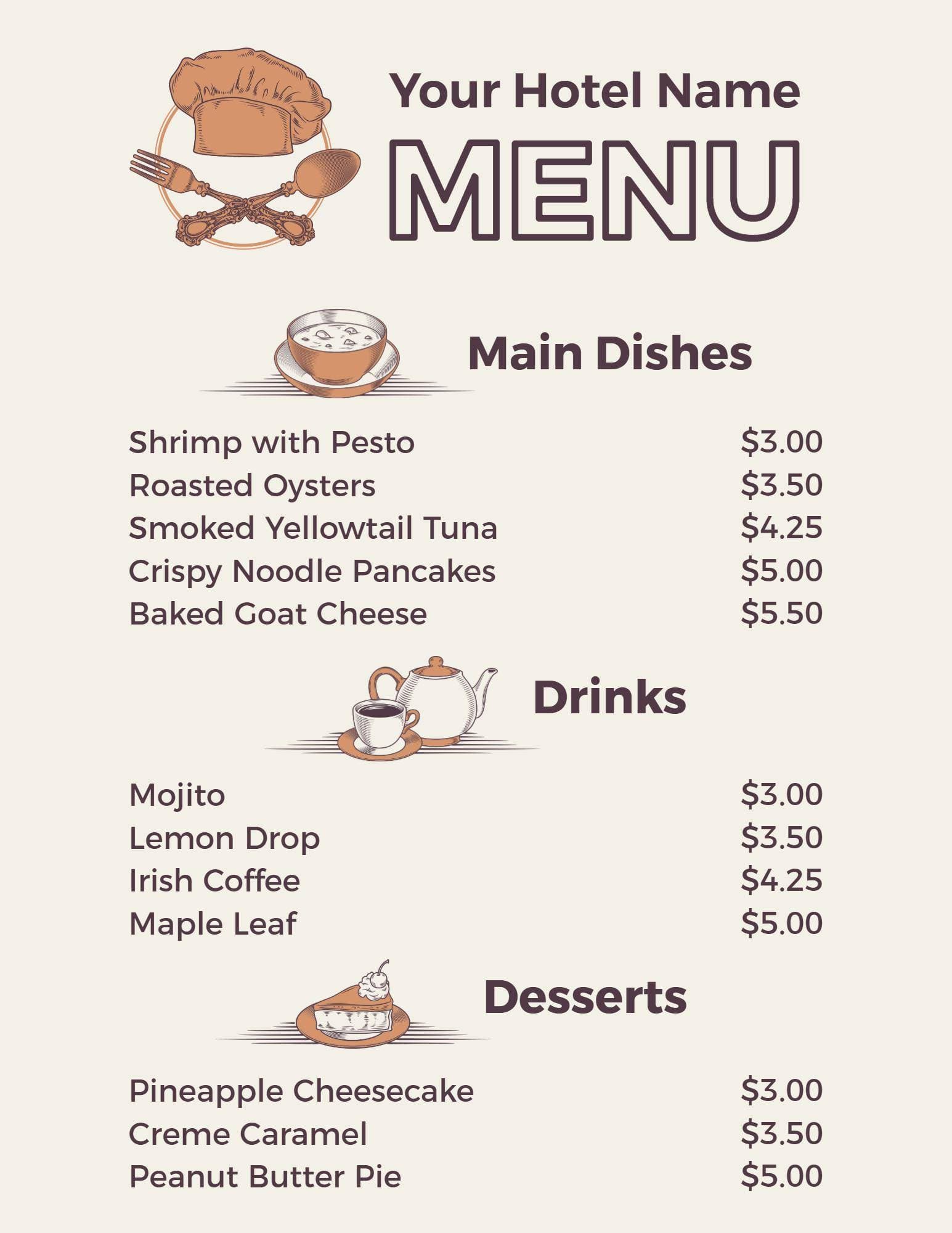 Delicious Shrimp, Tasty Drinks, and Decadent Desserts Hotel Menu Template