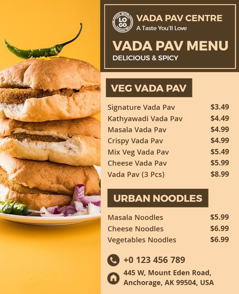 Delicious Signature and Cheese Varieties Vadapav Menu Template