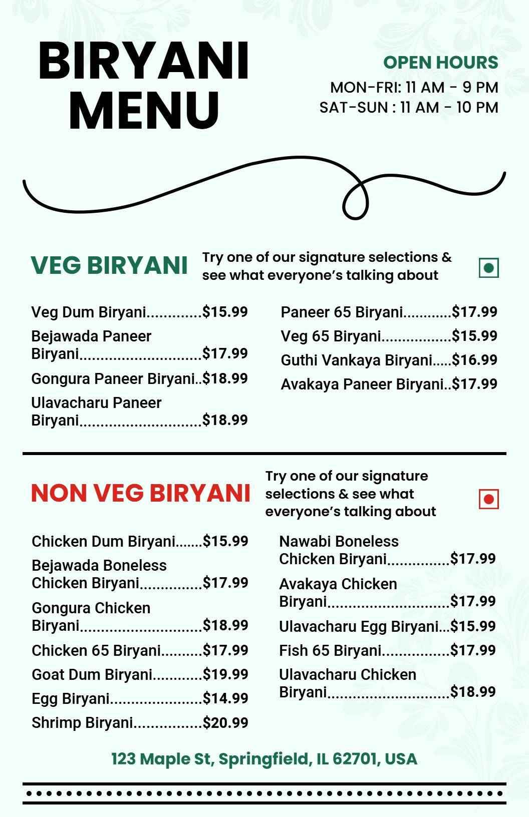 Delicious Signature Veg and Non-Veg Biryani Selections Menu Template