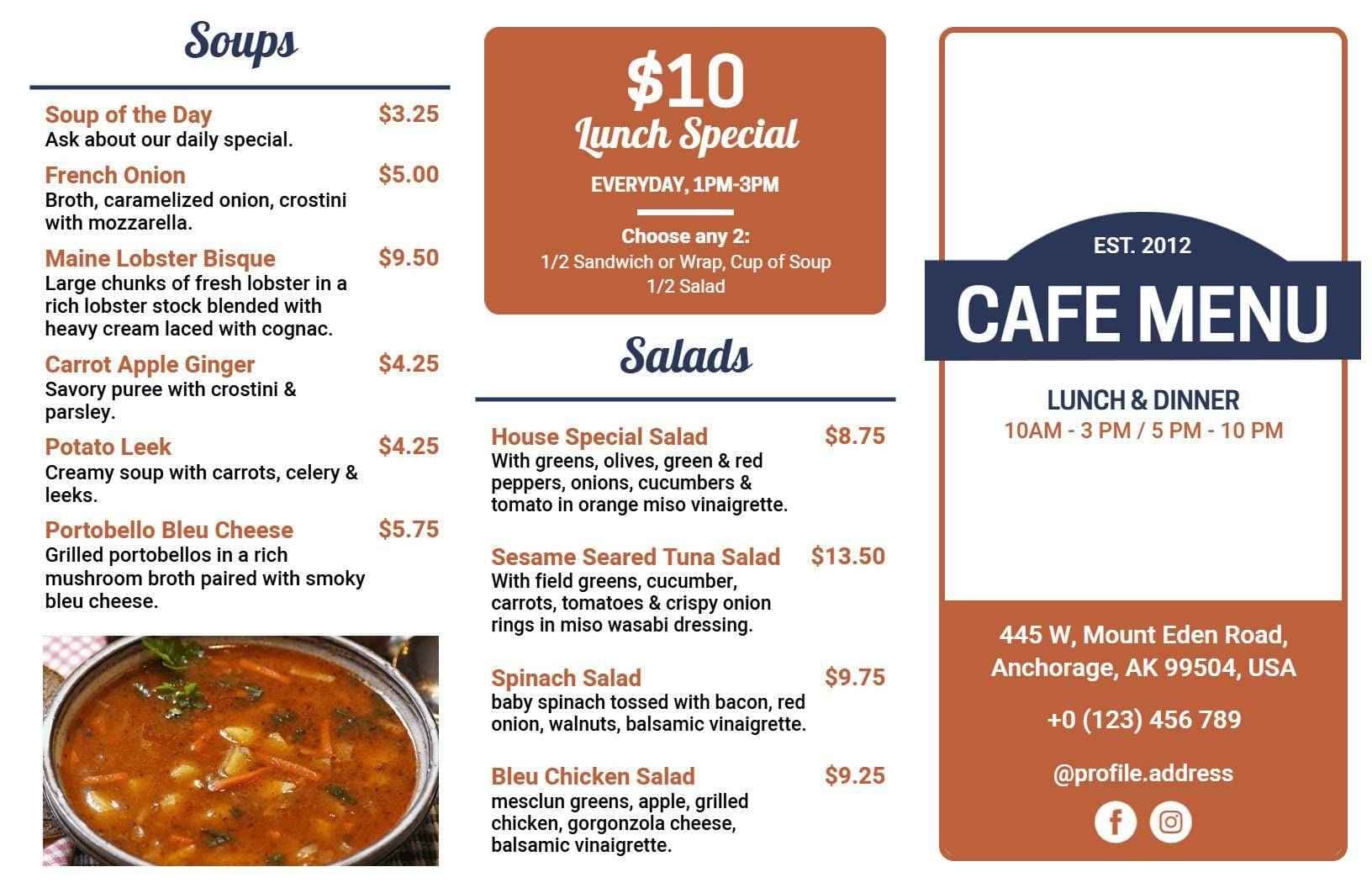 Delicious Soup and Salad Offerings for Your Tri Fold Menu Template