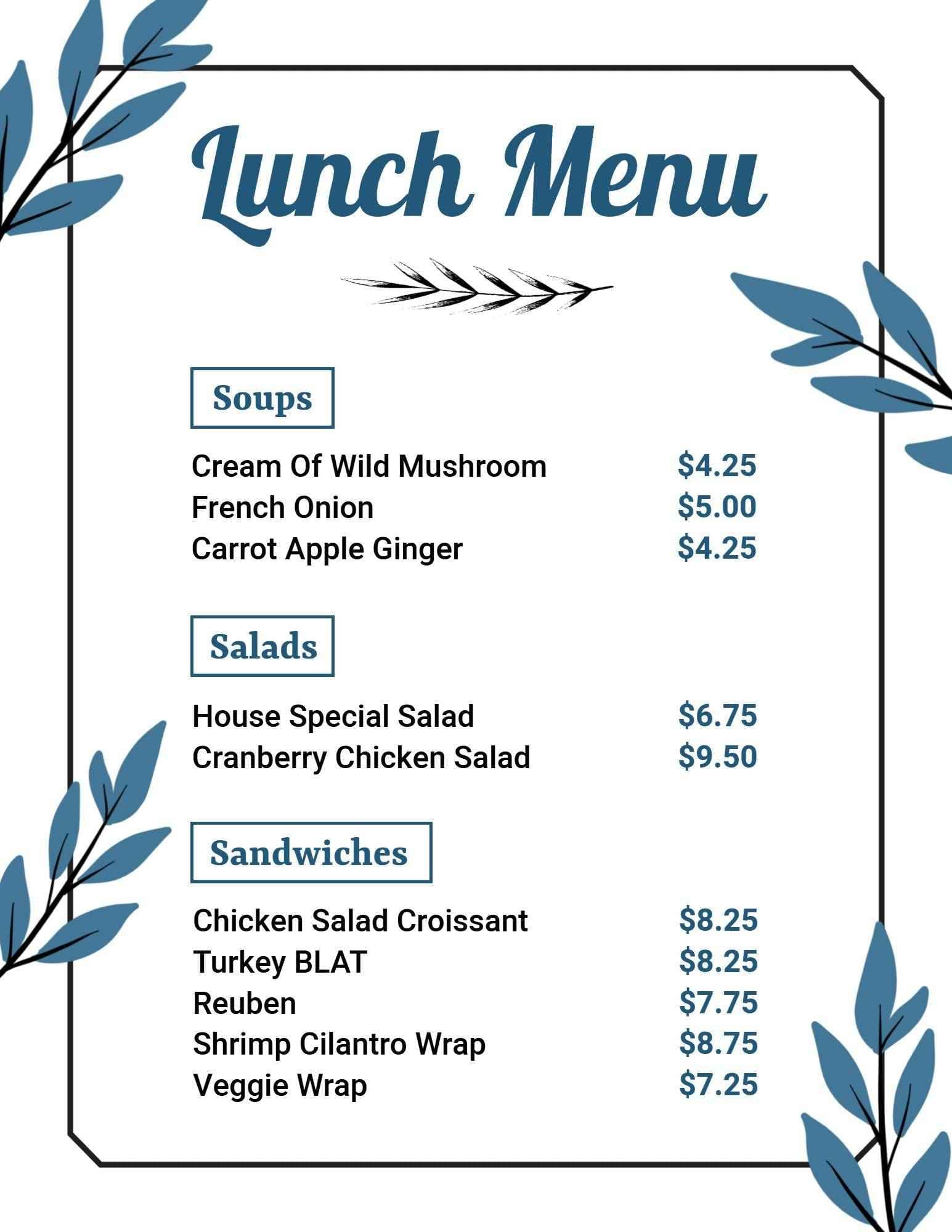 Delicious Soups and Fresh Salads with Sandwich Selections Lunch Menu Template