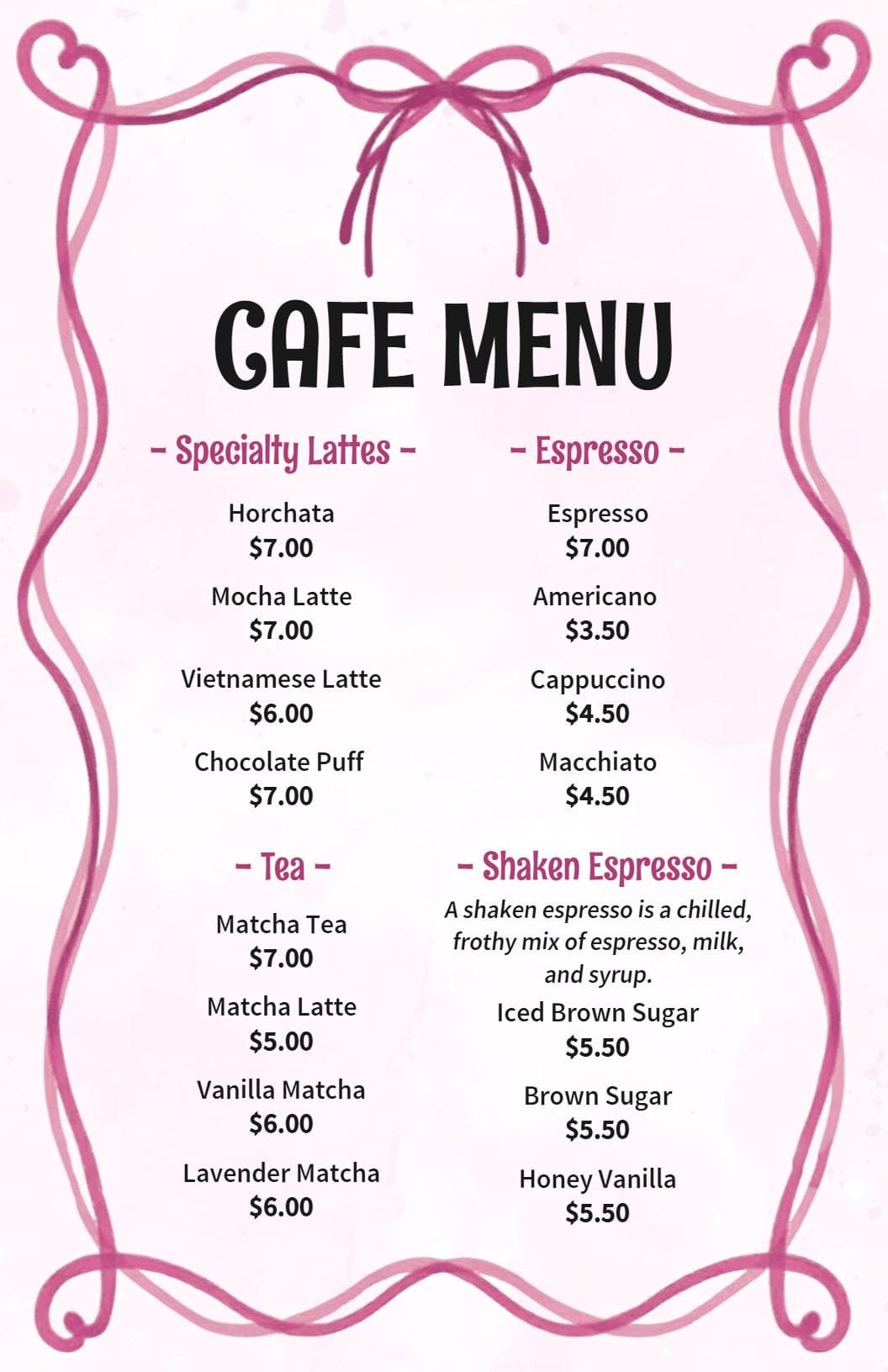 Delicious Specialty Lattes and Espresso Drinks Cafe Menu Template