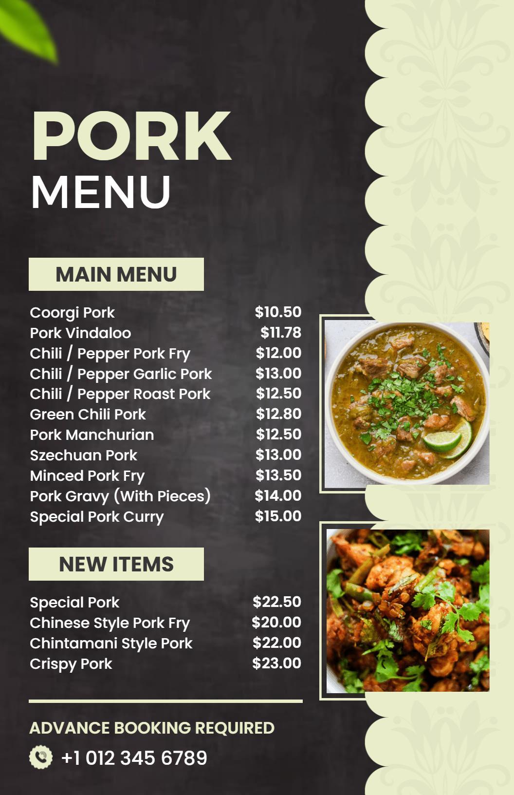 Delicious Spiced Dishes and Savory Curries Pork Menu Template