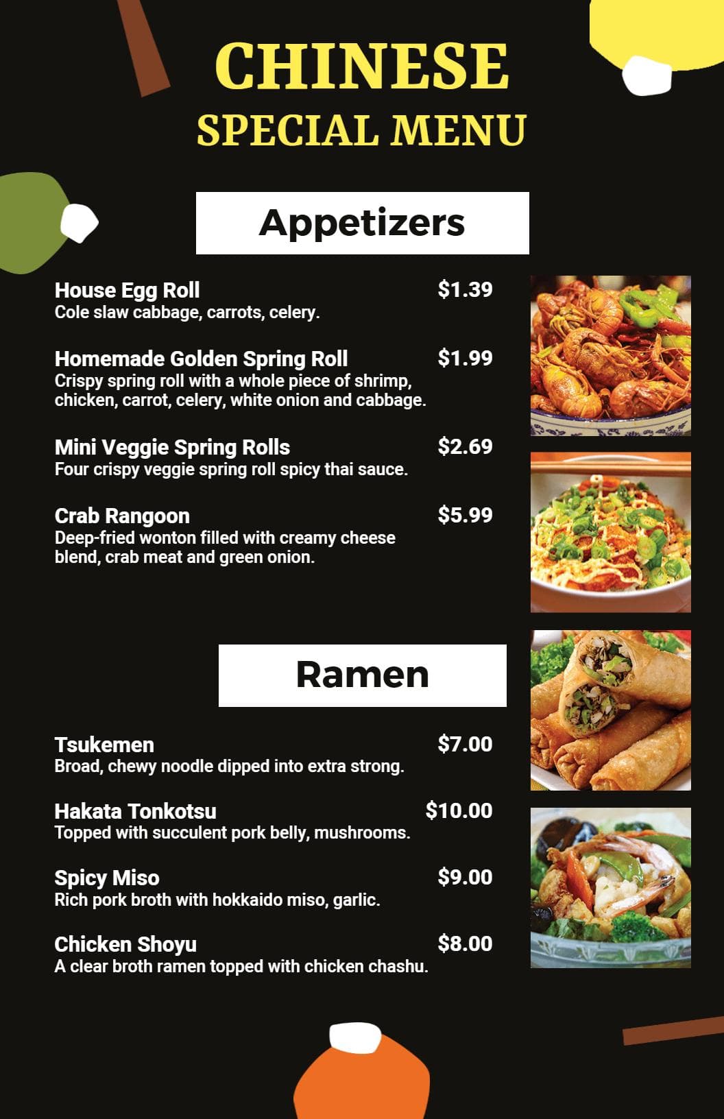 Delicious Spring Rolls and Flavorful Ramen Offerings Chinese Menu Template