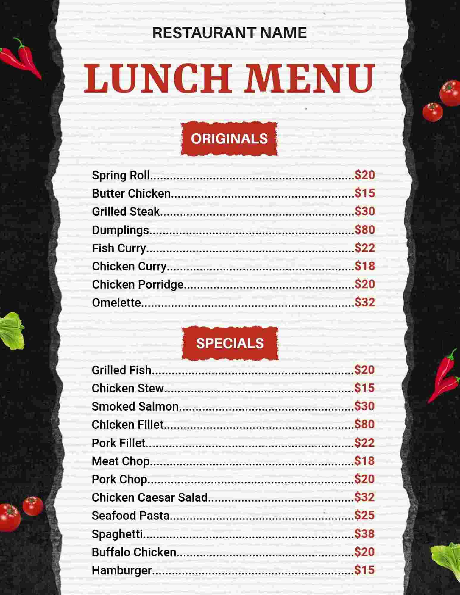 Delicious Spring Rolls and Grilled Steaks Lunch Menu Template