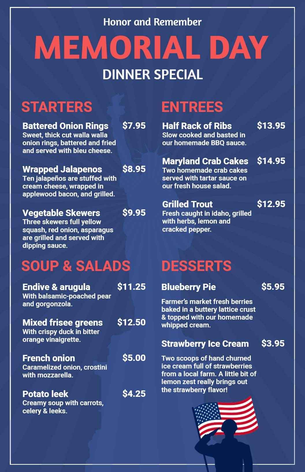 Delicious Starters and Grilled Entrees for Memorial Day Menu Template