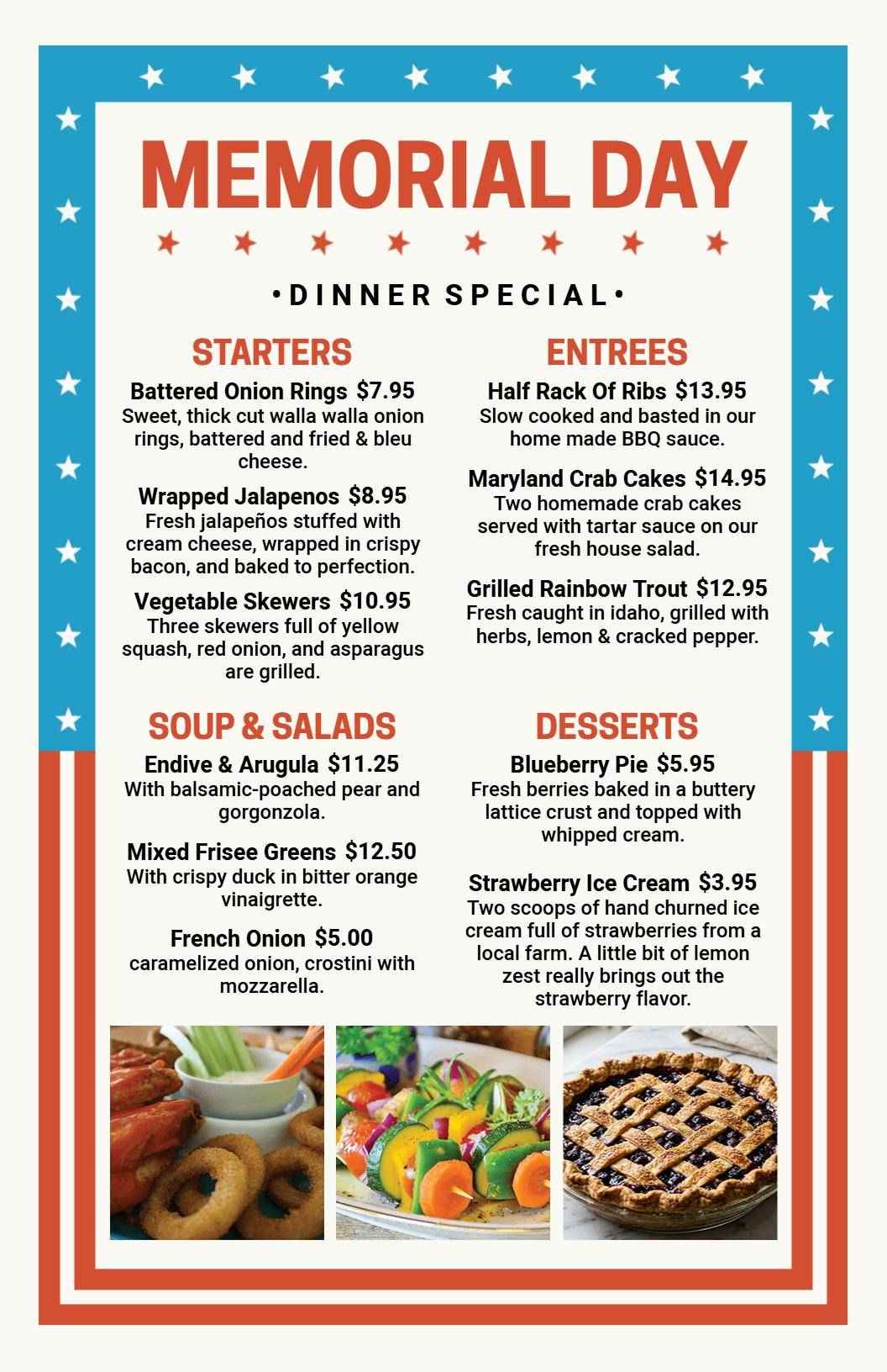 Delicious Starters and Savory Entrées for Memorial Day Menu Template