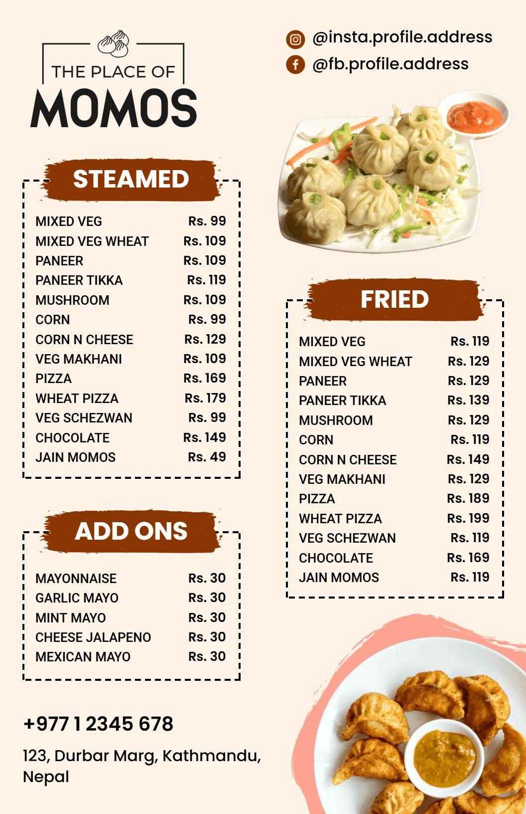 Delicious Steamed and Fried Dumpling Varieties Momos Menu Template