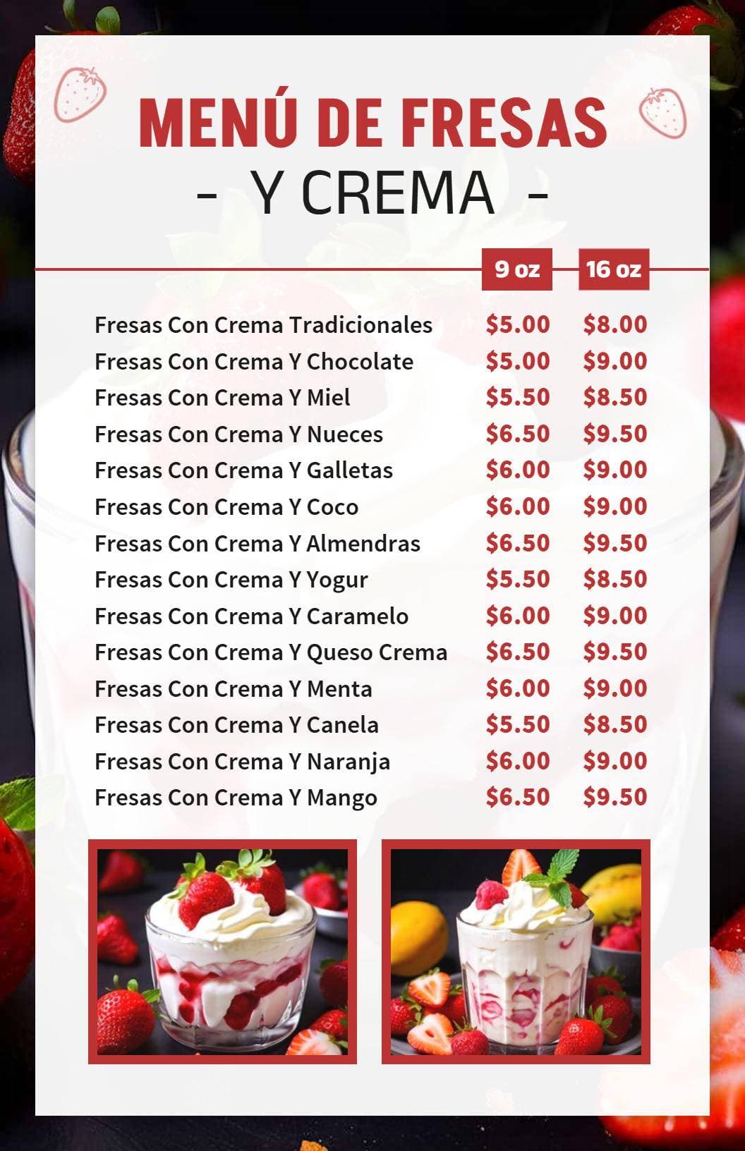 Delicious Strawberry Desserts with Cream and Toppings Dessert Menu Template