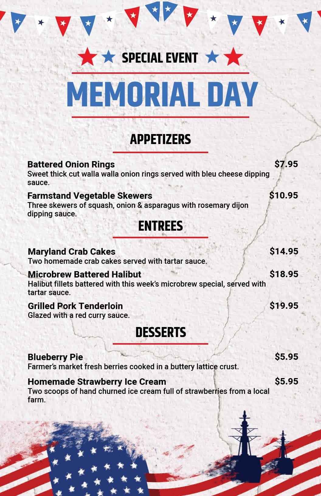 Delicious Summer Barbecue Favorites and Festive Dishes Memorial Day Menu Template