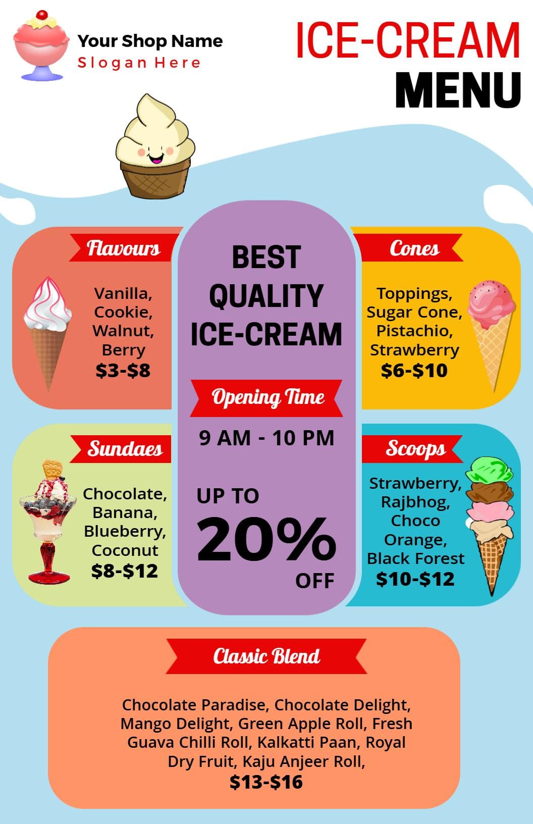 Delicious Sundae and Flavorful Scoop Selections Ice Cream Menu Template