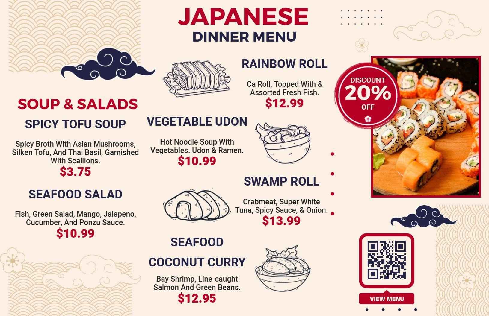 Delicious Sushi Rolls and Flavorful Soups Japanese Cuisine Menu Template