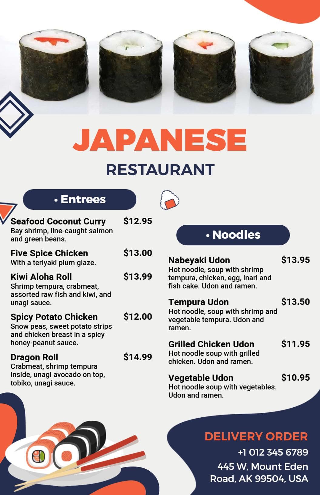 Delicious Sushi Rolls and Heartwarming Noodle Dishes Japanese Cuisine Menu Template