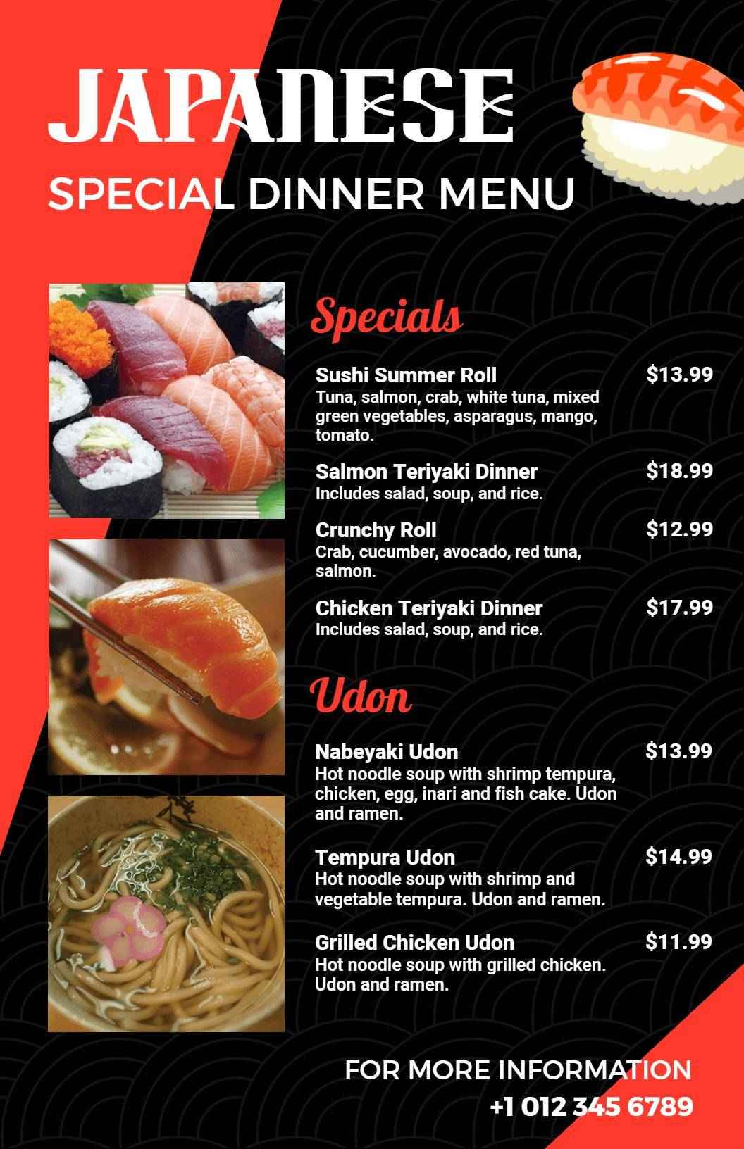 Delicious Sushi Rolls and Hearty Udon Dishes Japanese Cuisine Menu Template