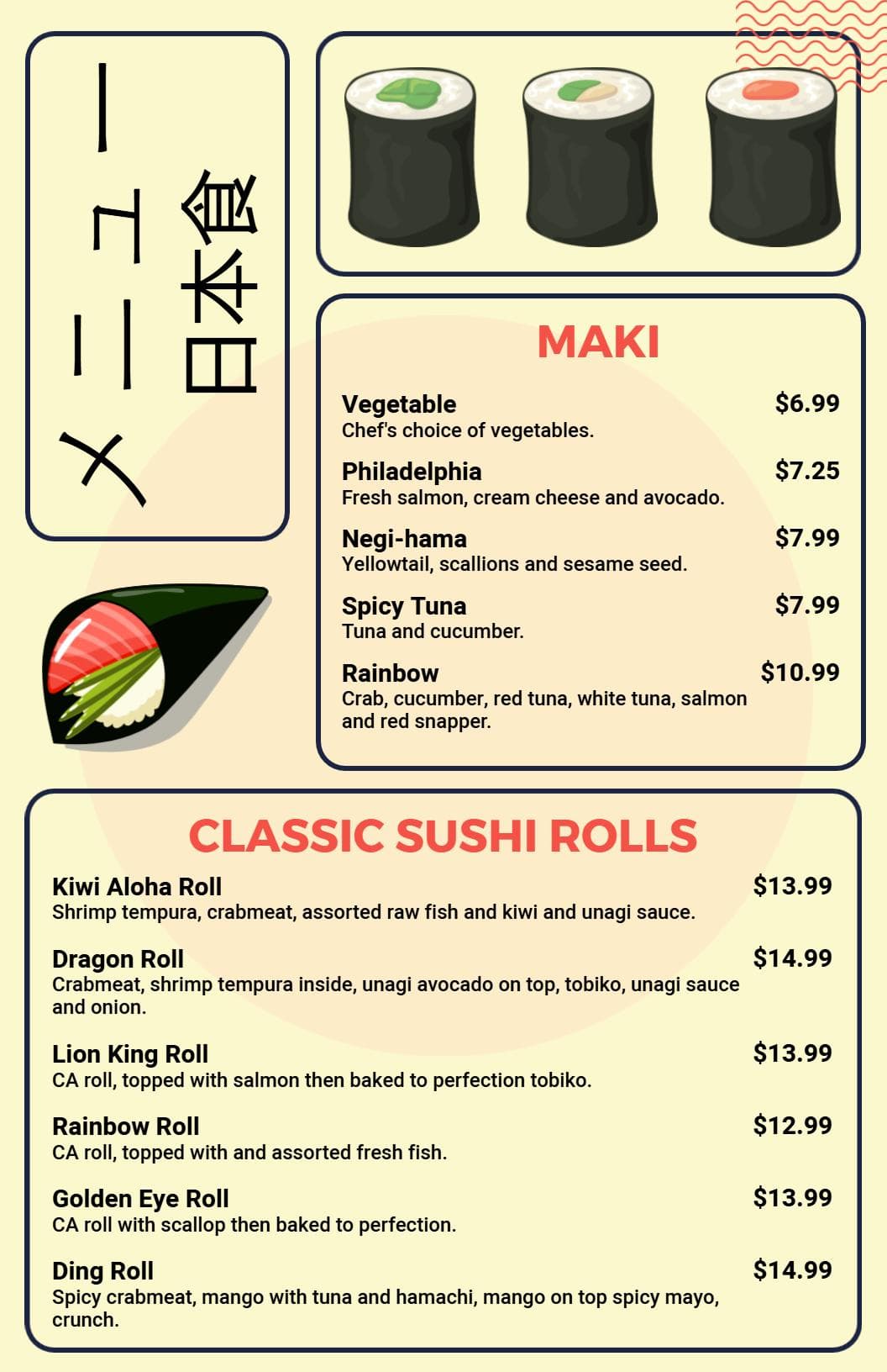 Delicious Sushi Rolls and Maki Selections Japanese Cuisine Menu Template