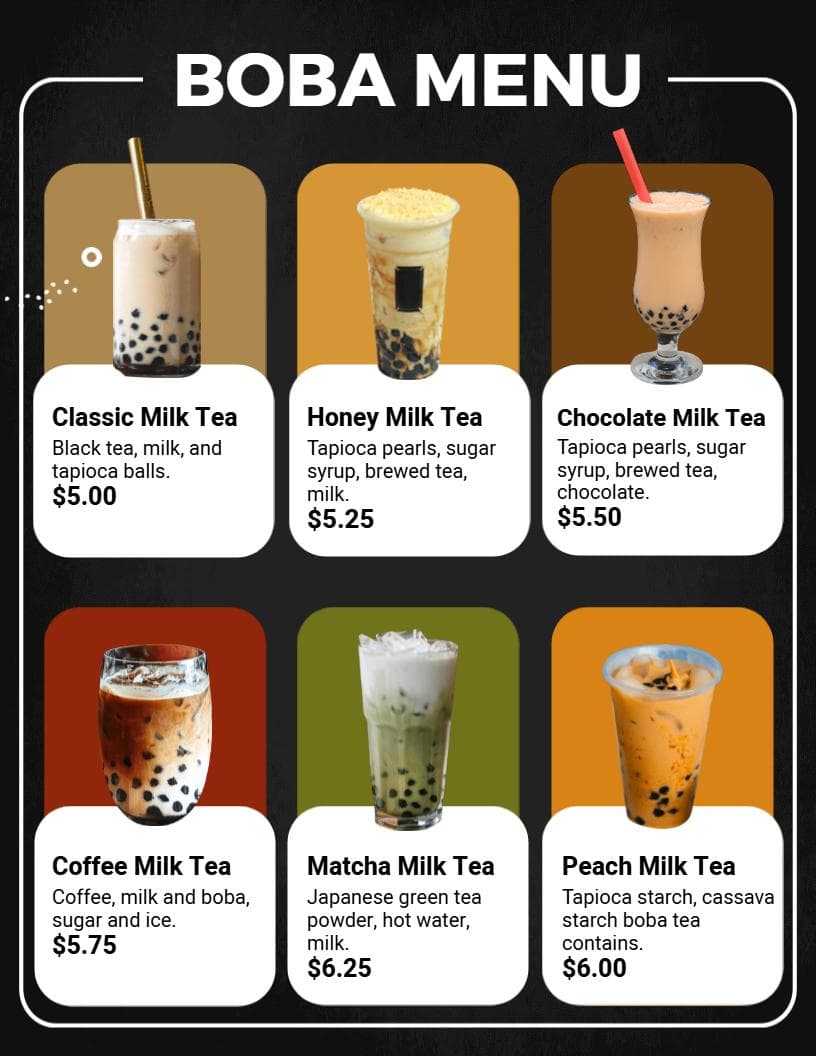 Delicious Sweet and Creamy Milk Tea Varieties Boba Menu Template