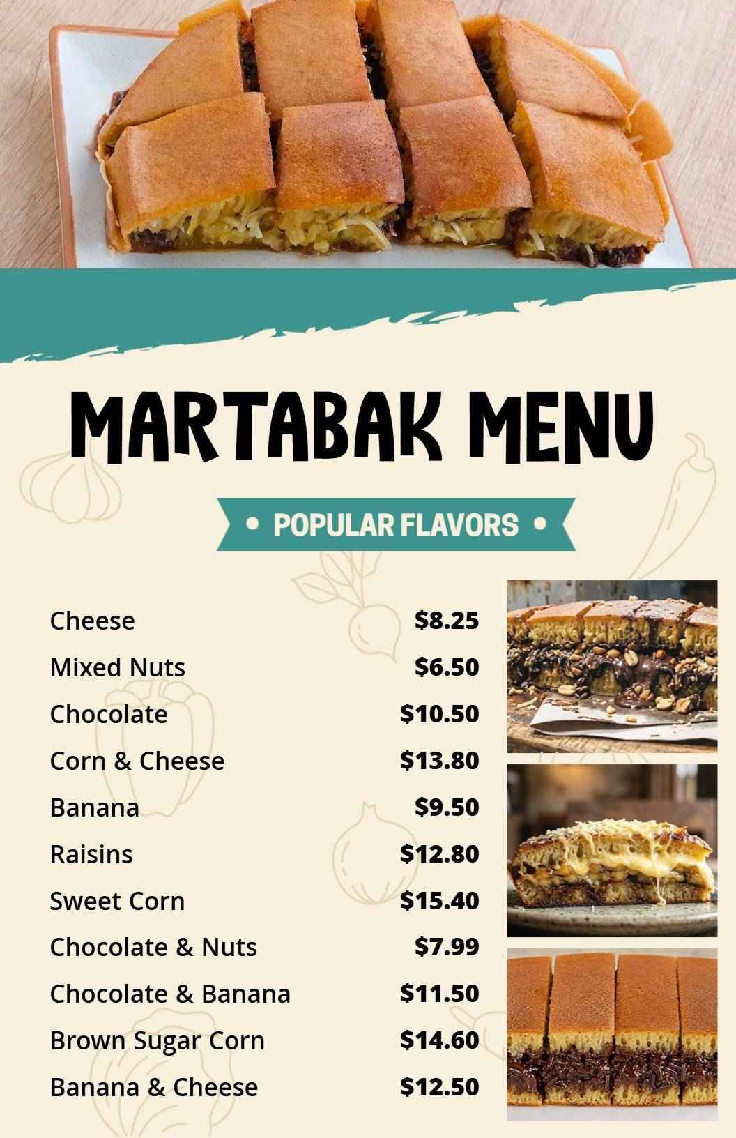 Delicious Sweet and Savory Flavor Selections Martabak Menu Template