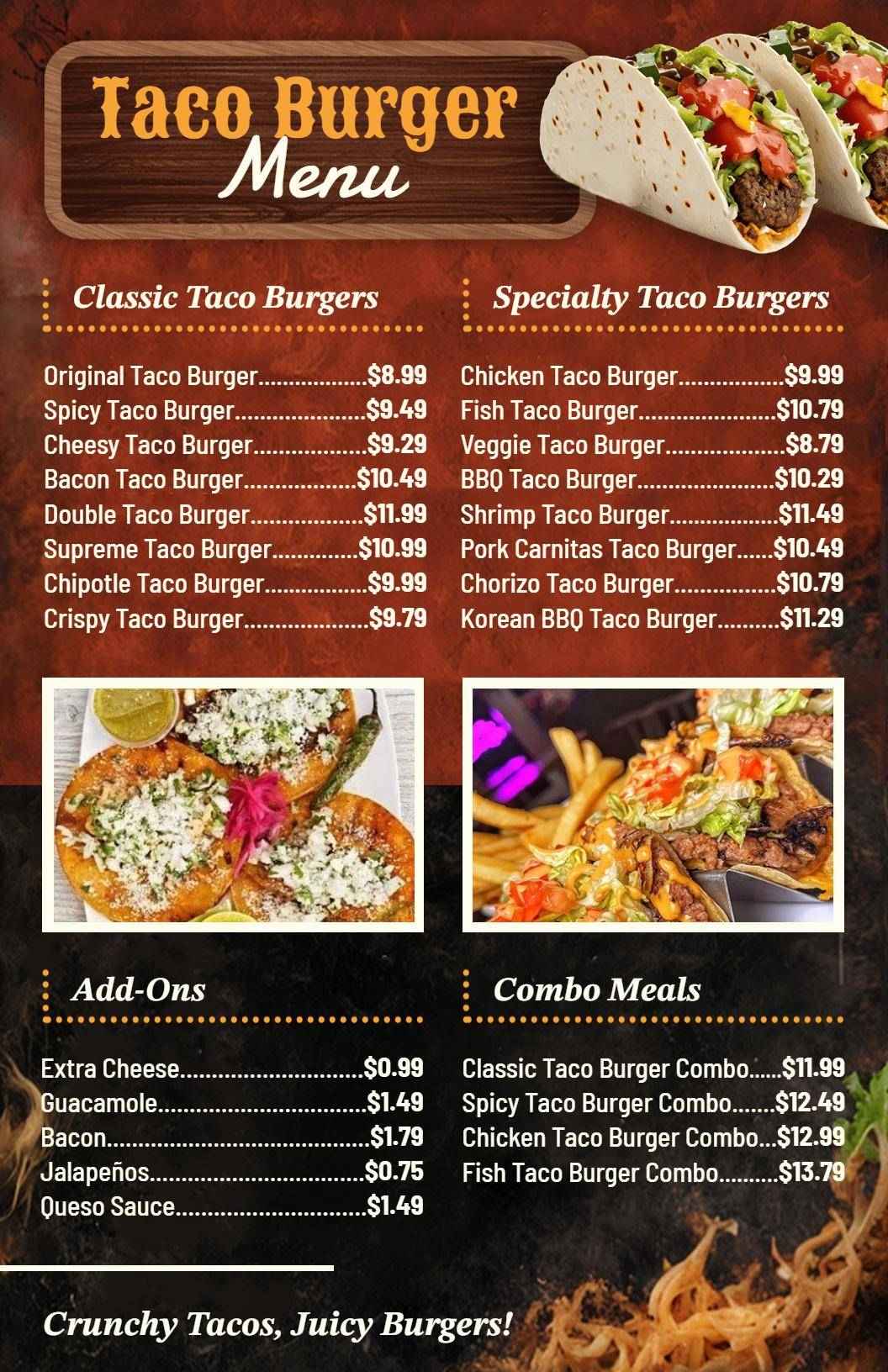 Delicious Taco Burger Creations Featuring Unique Toppings Tacos Menu Template