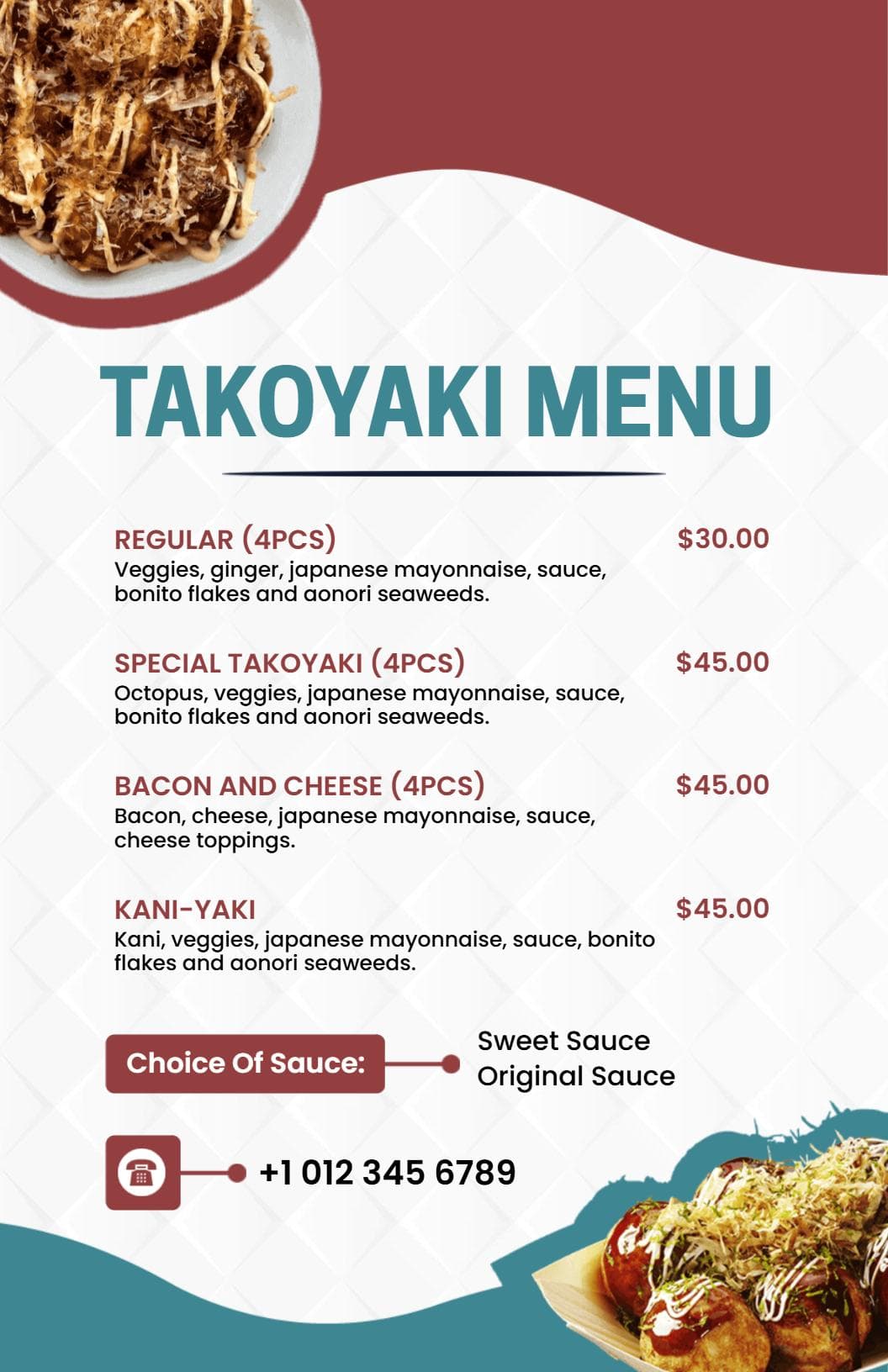 Delicious Takoyaki Varieties and Toppings Japanese Cuisine Menu Template