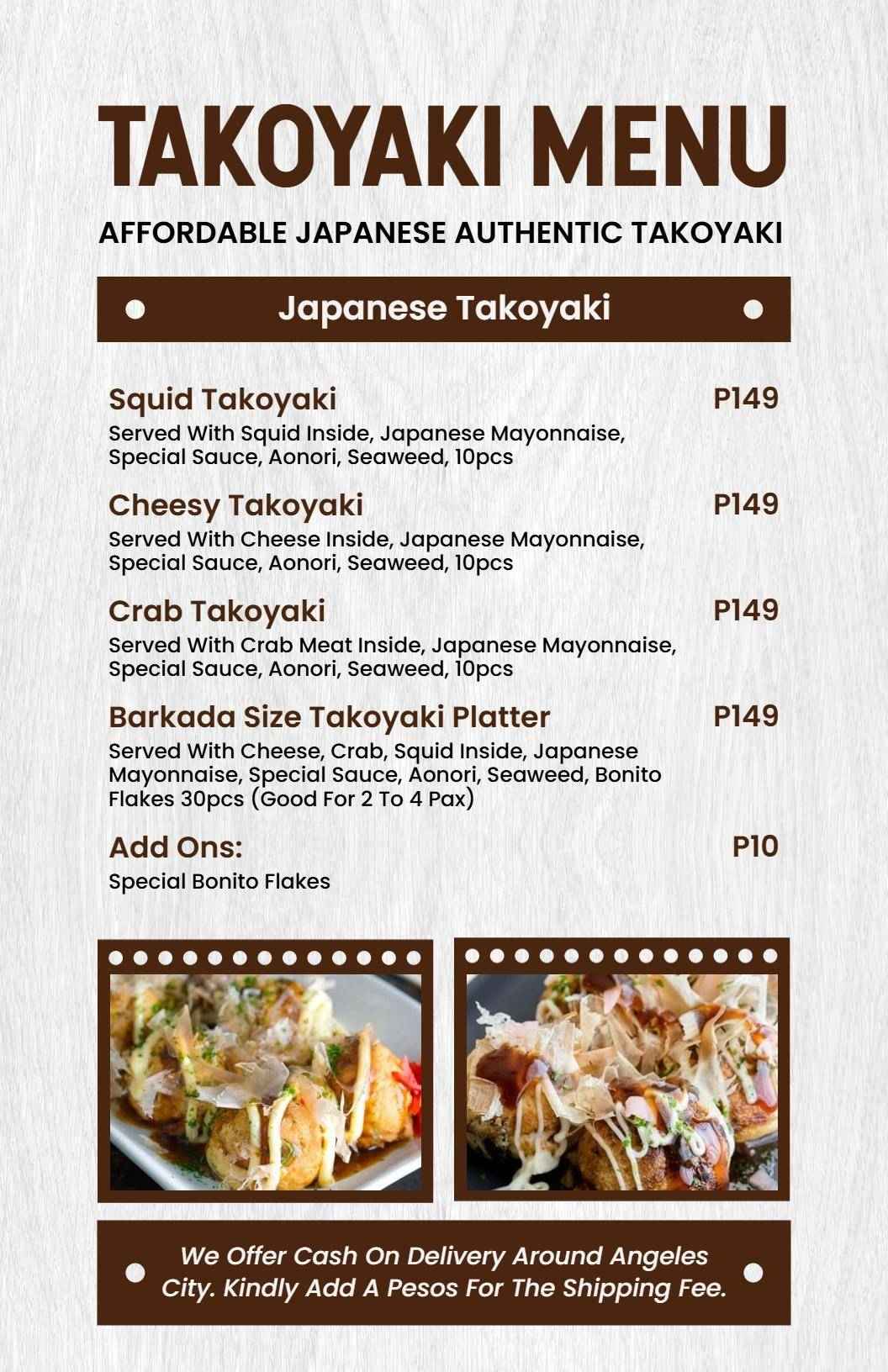 Delicious Takoyaki Varieties Including Cheesy and Crab Options Japanese Cuisine Menu Template