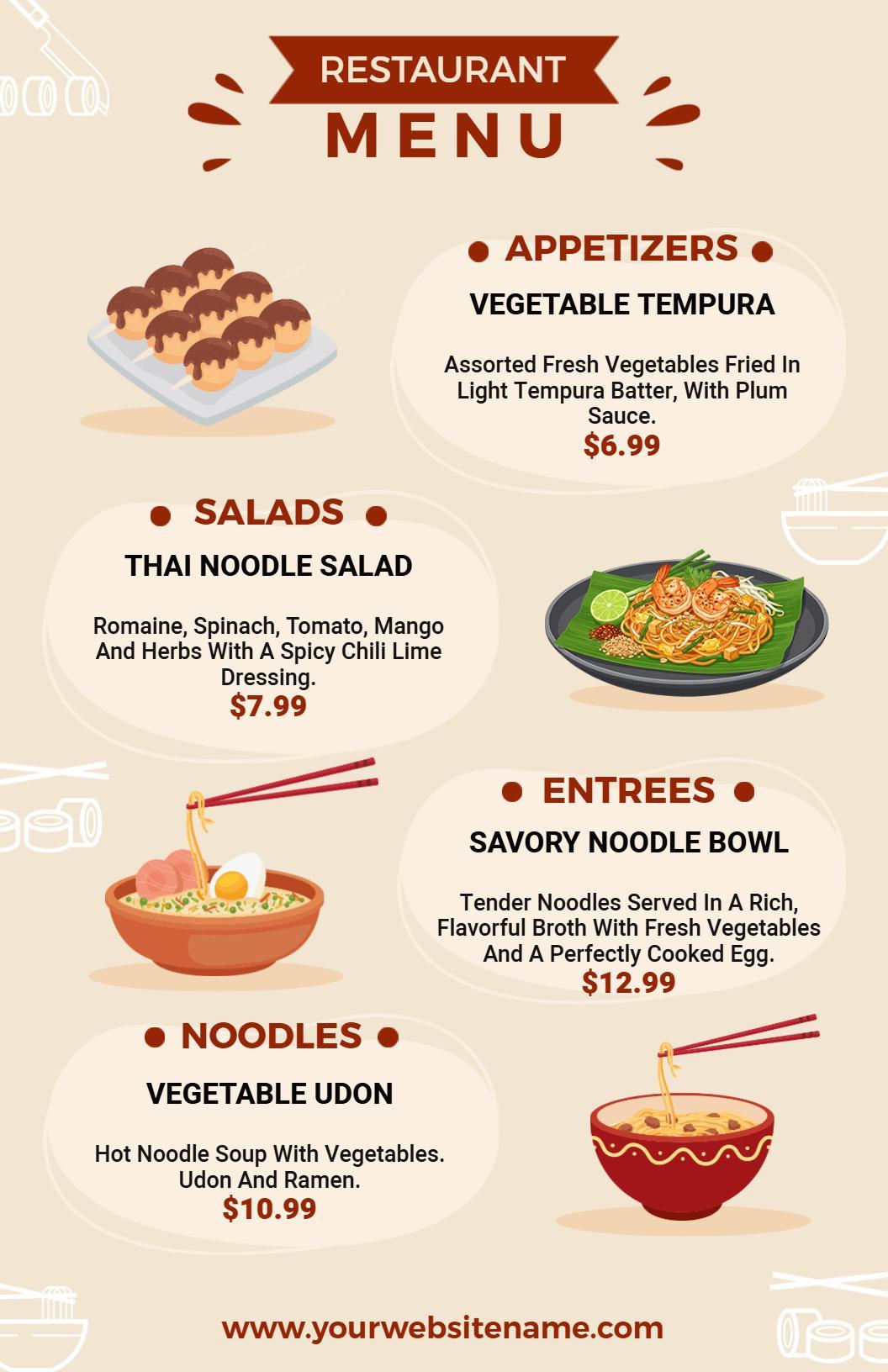 Delicious Tempura and Savory Noodles Selection Japanese Cuisine Menu Template