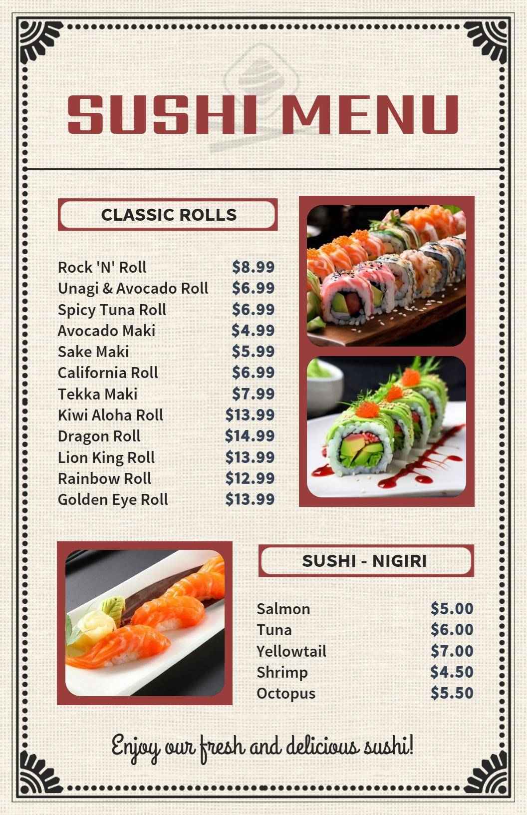 Delicious Traditional and Innovative Sushi Selections Sushi Menu Template